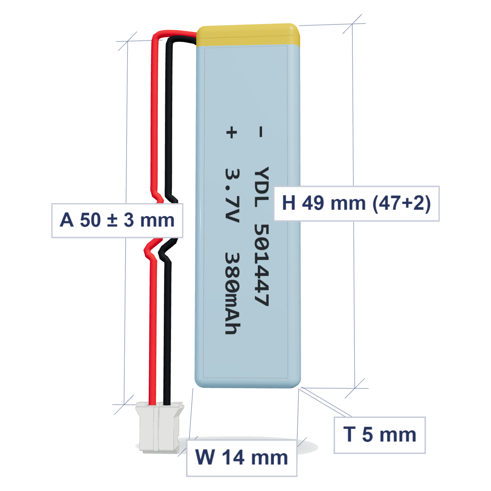 YDL 501447 380mAh 3.7V LiPo battery, 5x14x49mm, PH2.0 connector, 50mm 28AWG leads