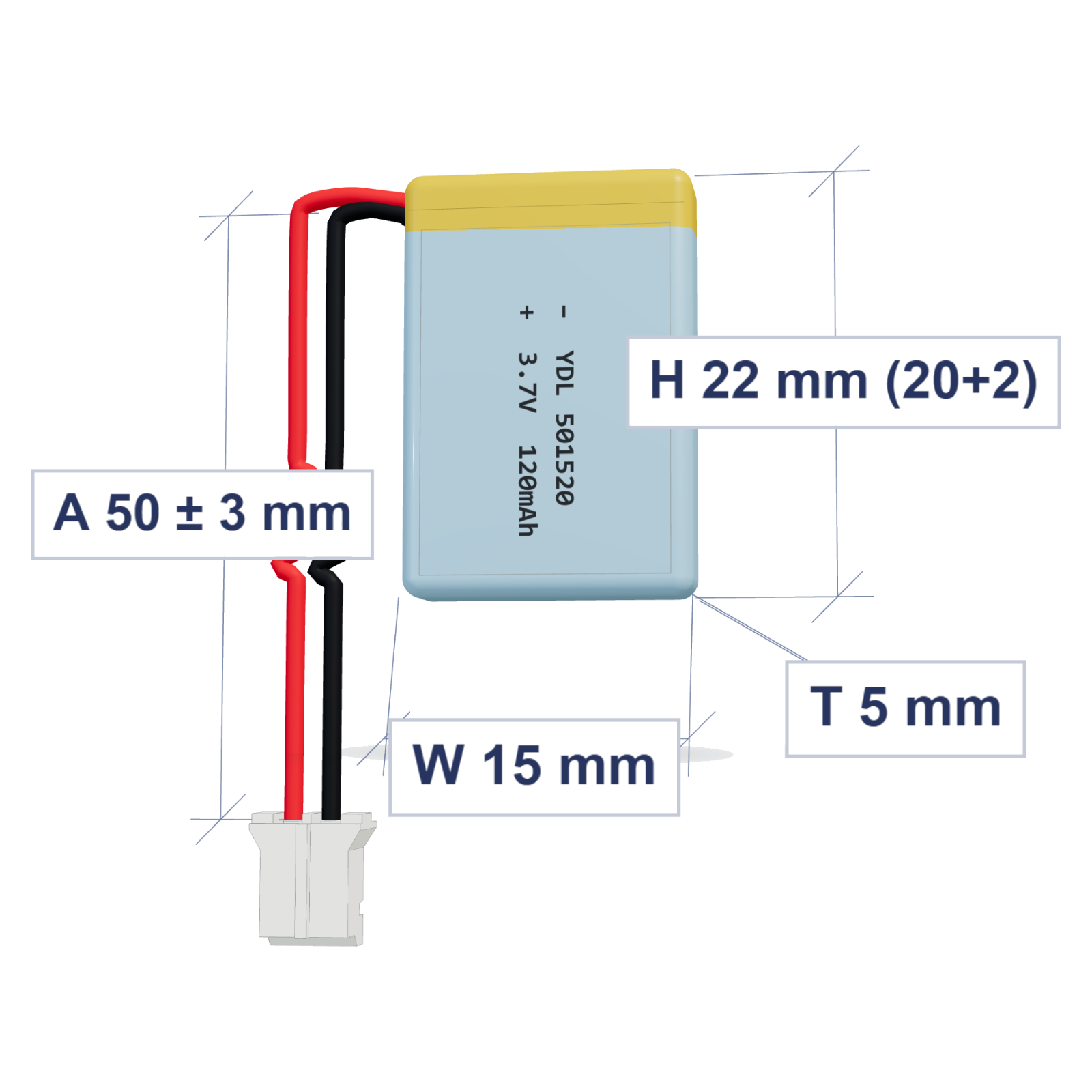 YDL 501520 120mAh 3.7V LiPo battery, 5x15x22mm, PH2.0 connector, 50mm 28AWG leads