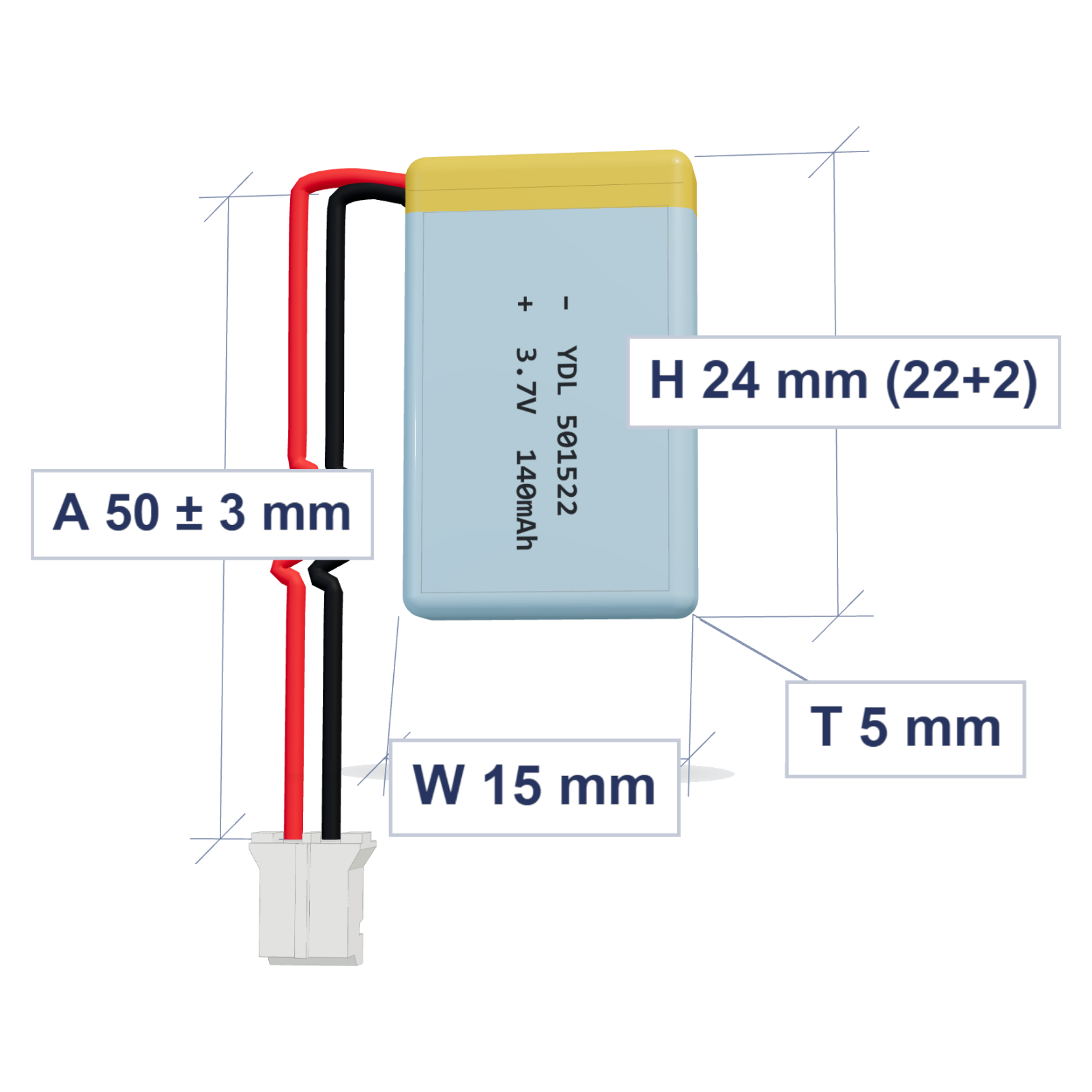 YDL 501522 140mAh 3.7V LiPo battery, 5x15x24mm, PH2.0 connector, 50mm 28AWG leads