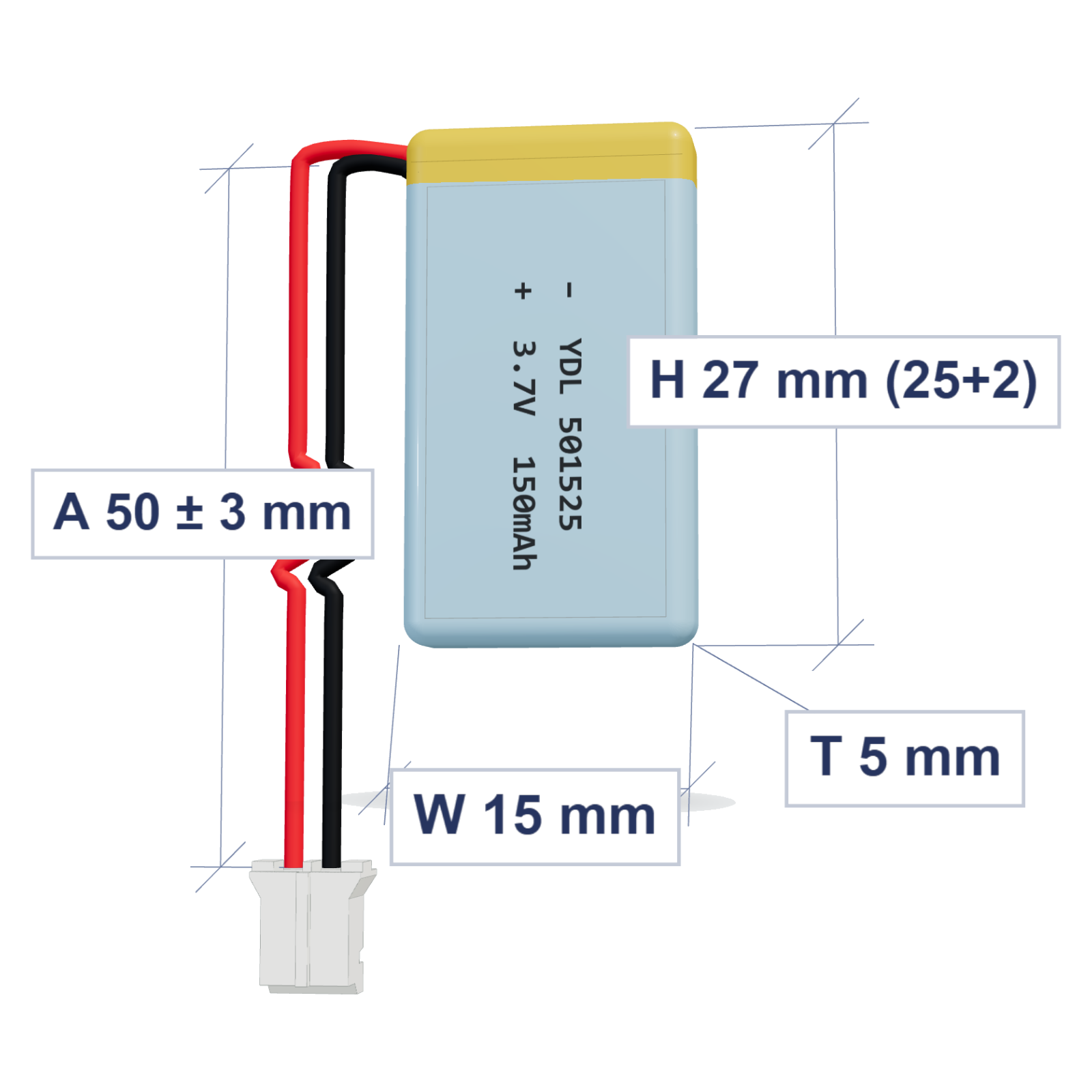 YDL 501525 150mAh 3.7V LiPo battery, 5x15x27mm, PH2.0 connector, 50mm 28AWG leads