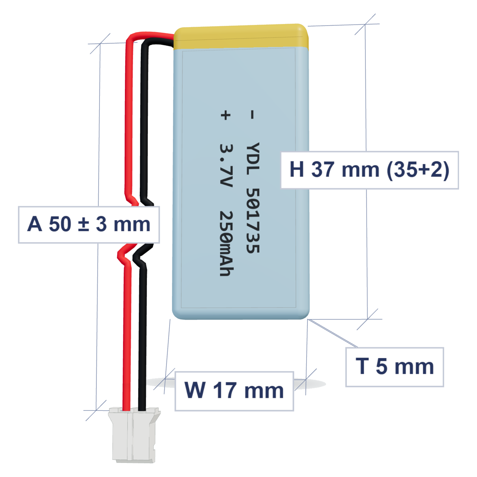 YDL 501735 250mAh 3.7V LiPo battery, 5x17x37mm, PH2.0 connector, 50mm 28AWG leads