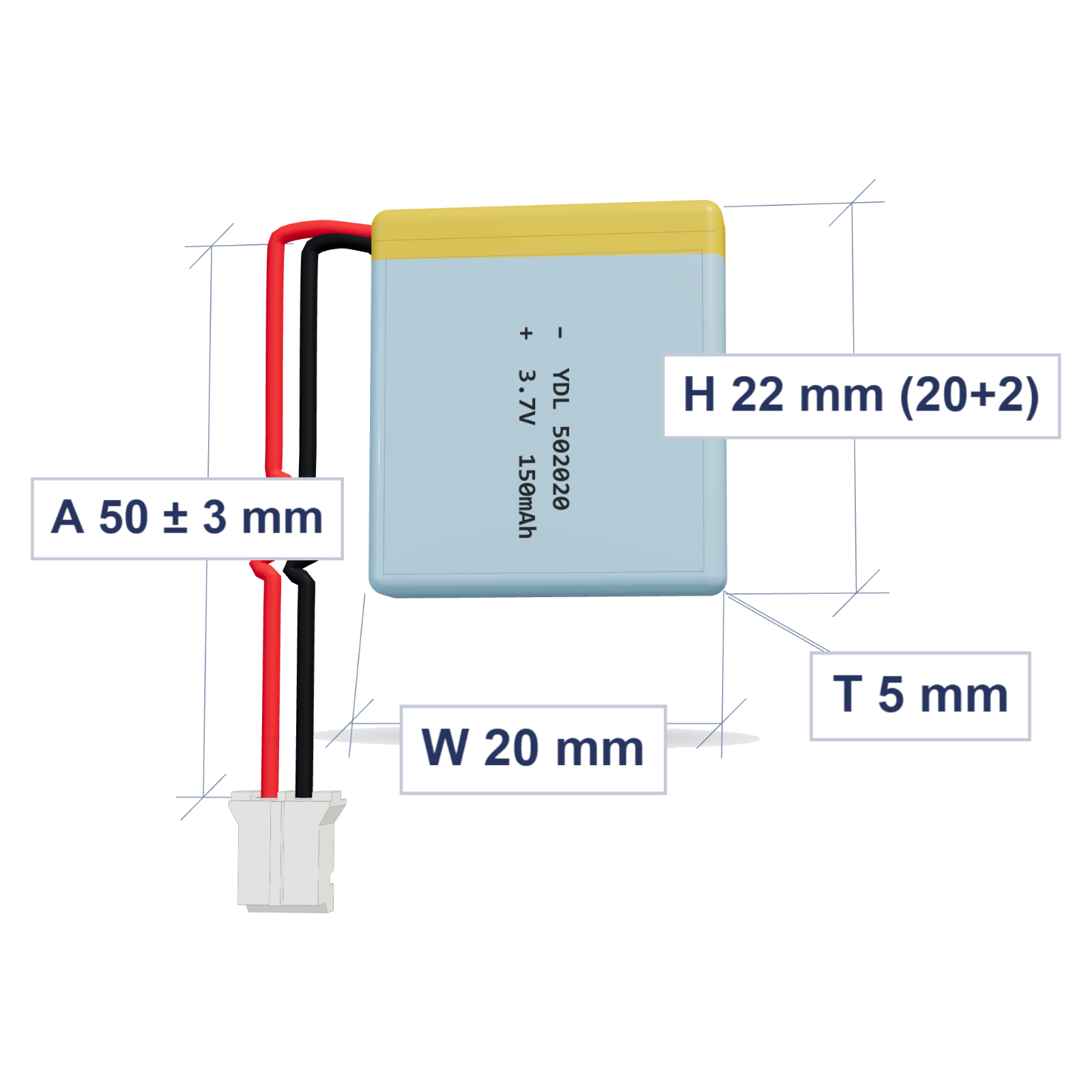 YDL 502020 150mAh 3.7V lithium polymer battery 5x20x22mm with PH2.0 connector and 50mm 28AWG wire, dimensioned 3D view