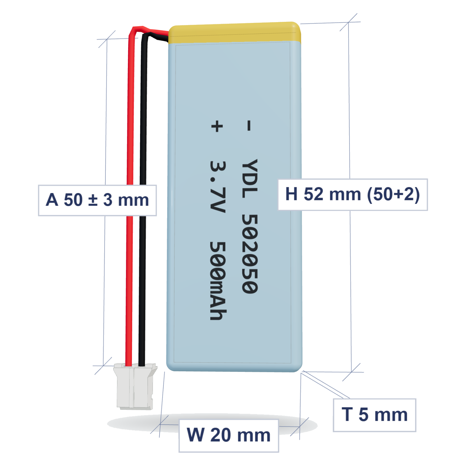 YDL 502050 500mAh 3.7V LiPo battery, 5x20x52mm, PH2.0 connector, 50mm 28AWG leads