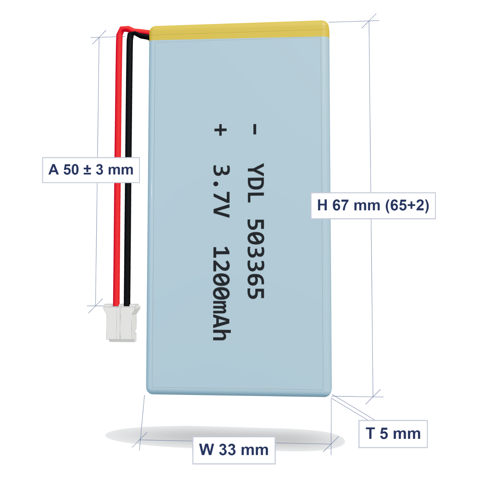YDL 503365 1200mAh dimensions 5x33x67mm, 50mm 26AWG leads