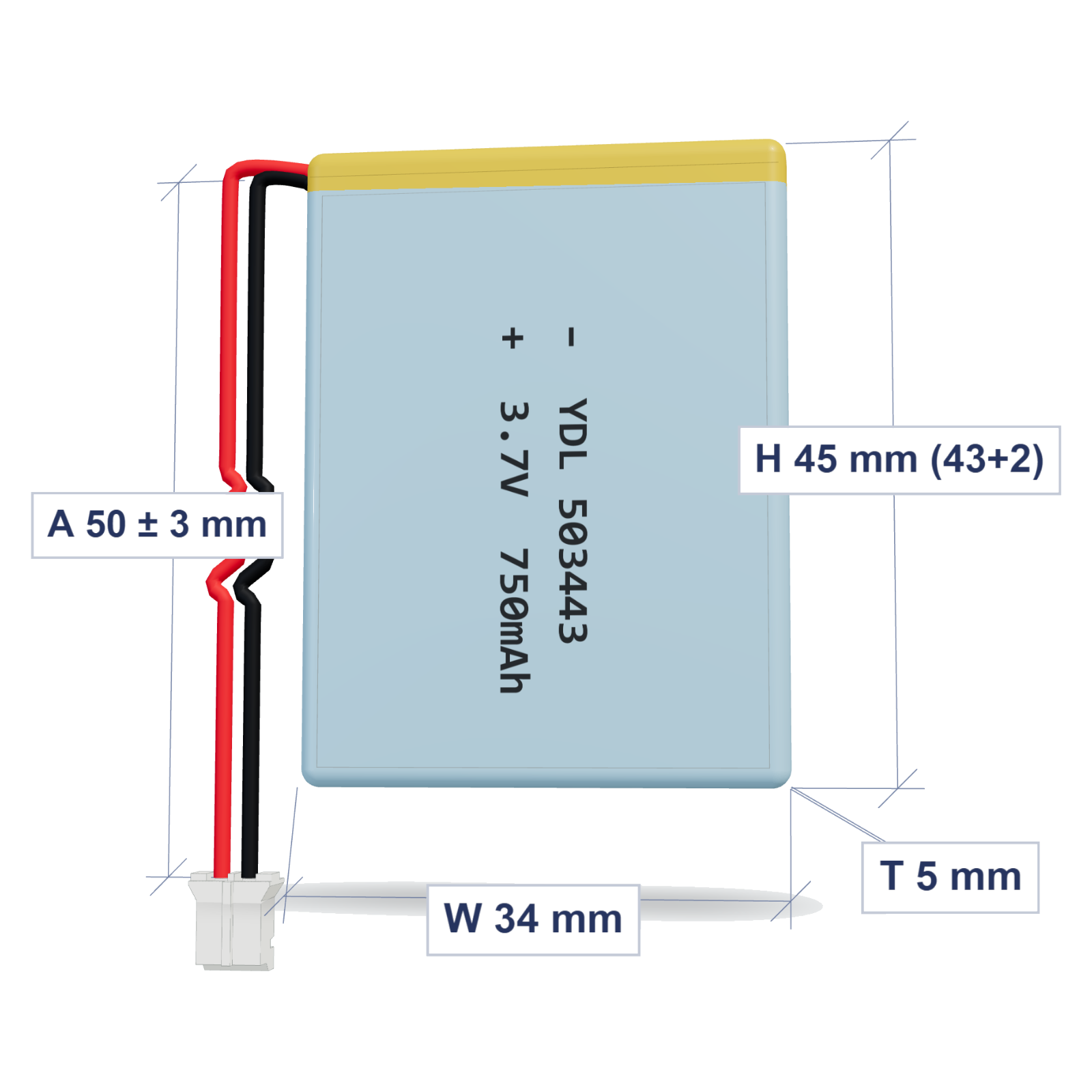 YDL 503443 750mAh 3.7V lithium polymer battery 5x34x45mm with PH2.0 connector and 50mm 26AWG wire, dimensioned 3D view