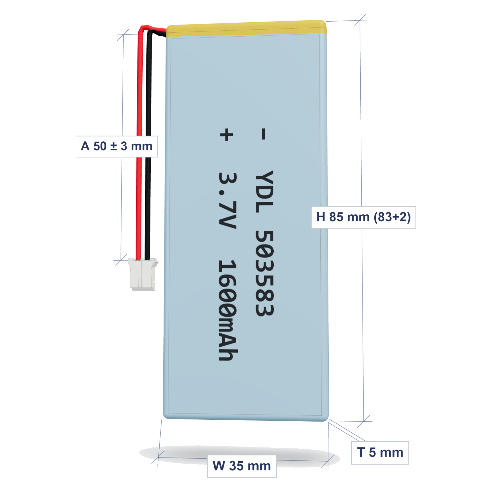 YDL 503583 1600mAh dimensions 5x35x85mm, 50mm 26AWG leads