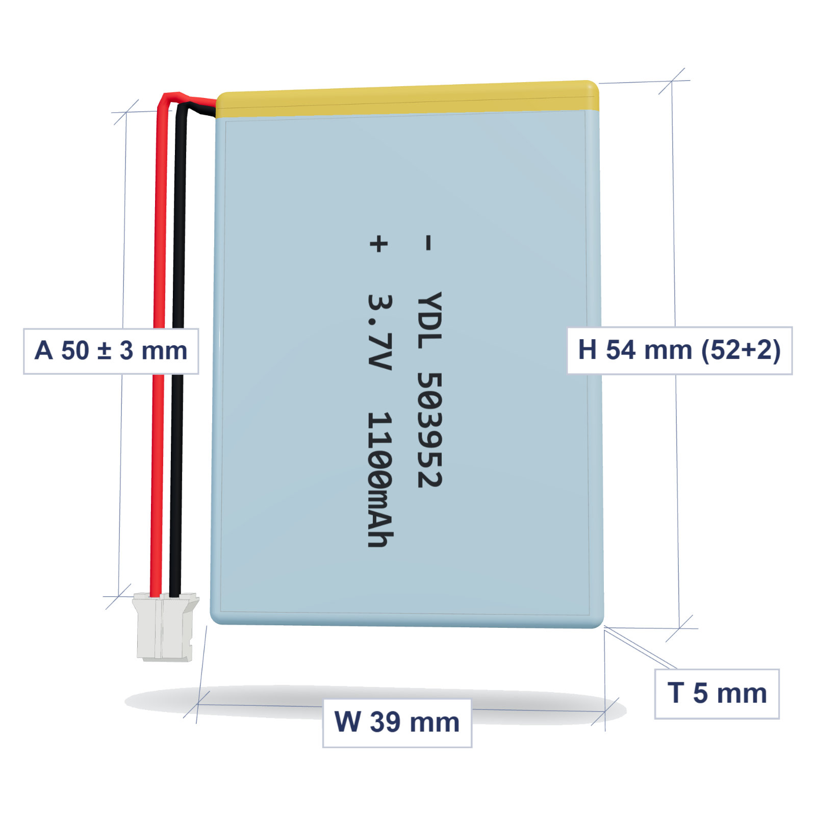 YDL 503952 1100mAh dimensions 5x39x54mm, 50mm 26AWG leads