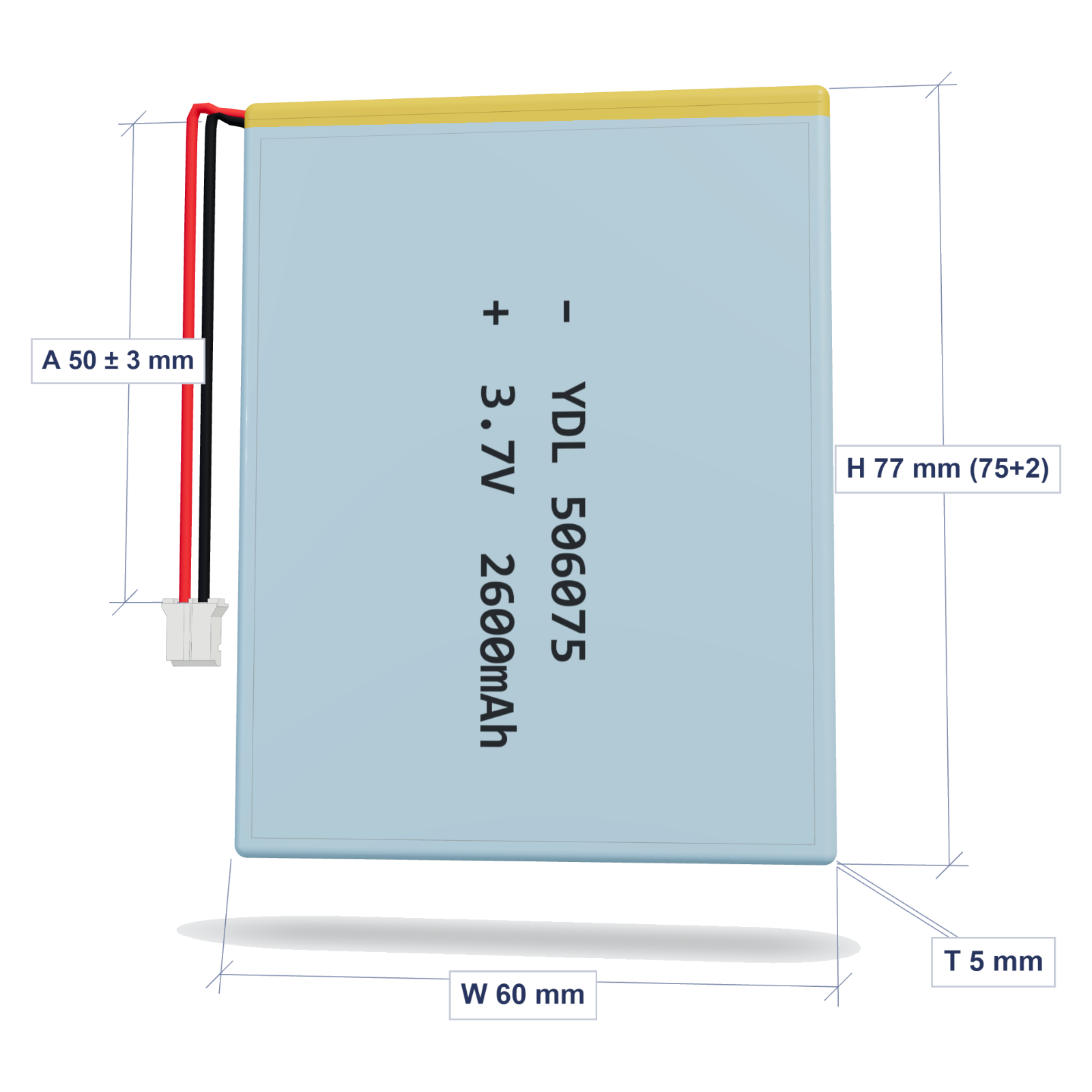 YDL 506075 2600mAh dimensions 5x60x77mm, 50mm 26AWG leads