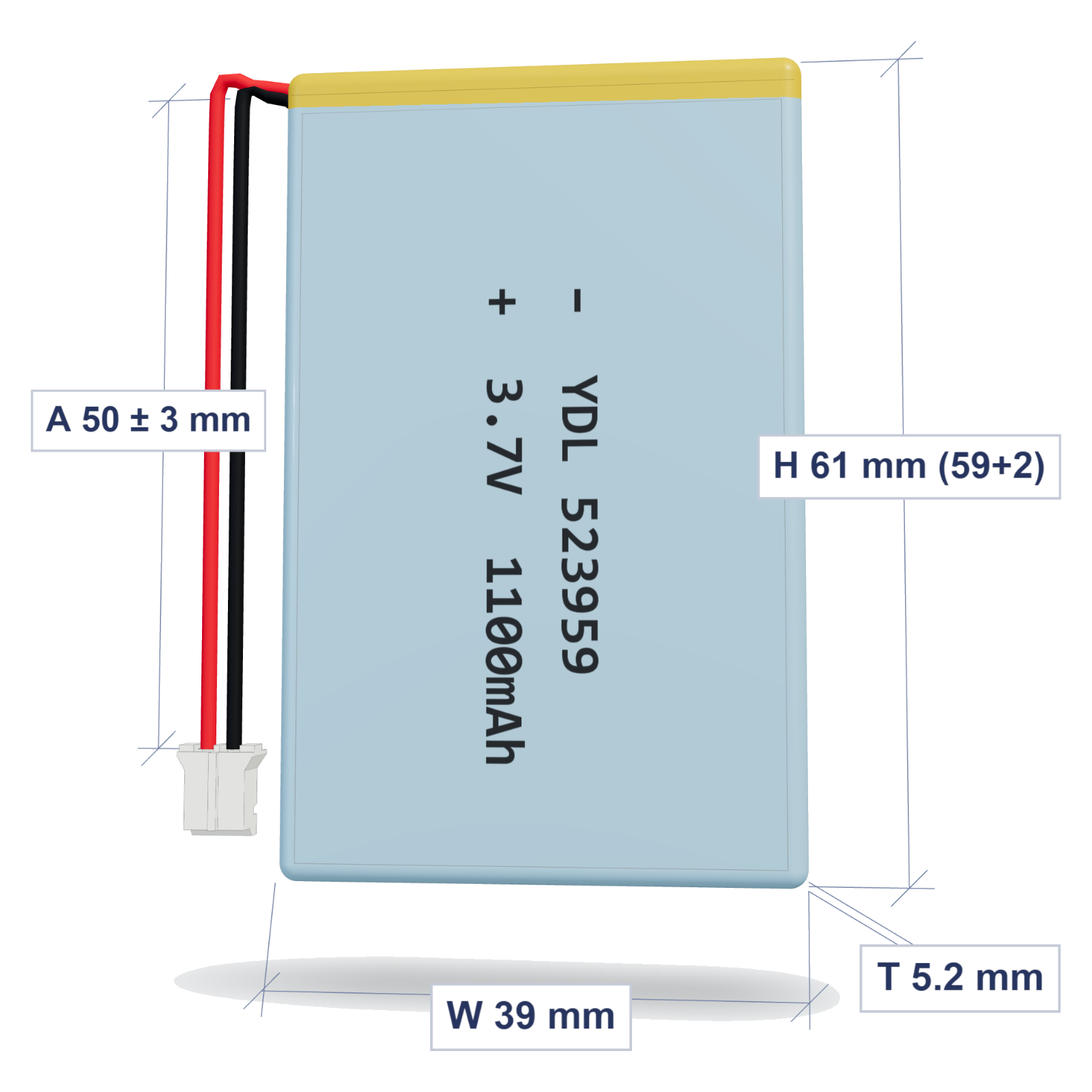 YDL 523959 1100mAh dimensions 5.2x39x61mm, 50mm 26AWG leads