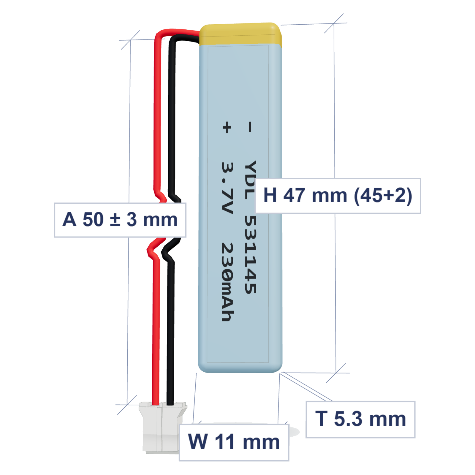 YDL 531145 230mAh 3.7V LiPo battery, 5.3x11x47mm, PH2.0 connector, 50mm 28AWG leads