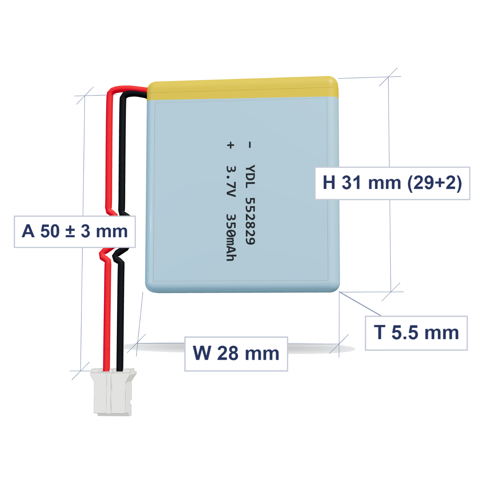 YDL 552829 350mAh dimensions 5.5x28x31mm, 50mm 28AWG leads