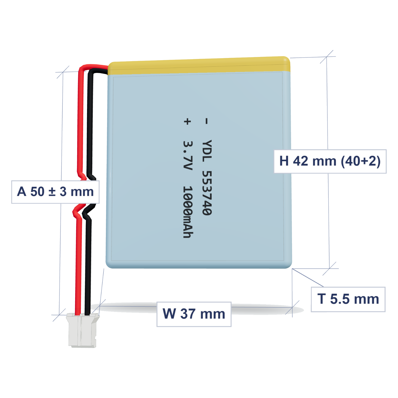 YDL 553740 1000mAh dimensions 5.5x37x42mm, 50mm 26AWG leads