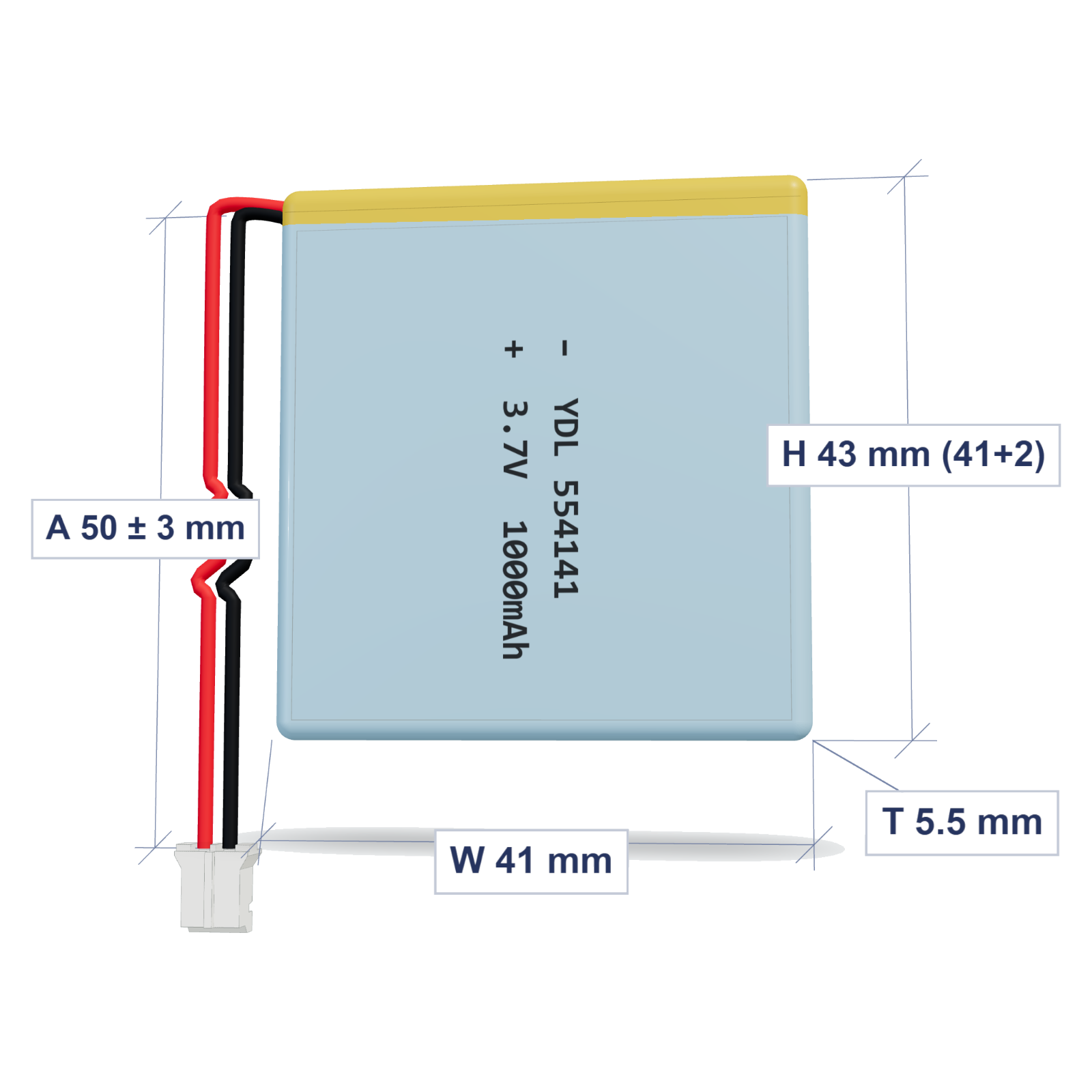 YDL 554141 1000mAh dimensions 5.5x41x43mm, 50mm 26AWG leads