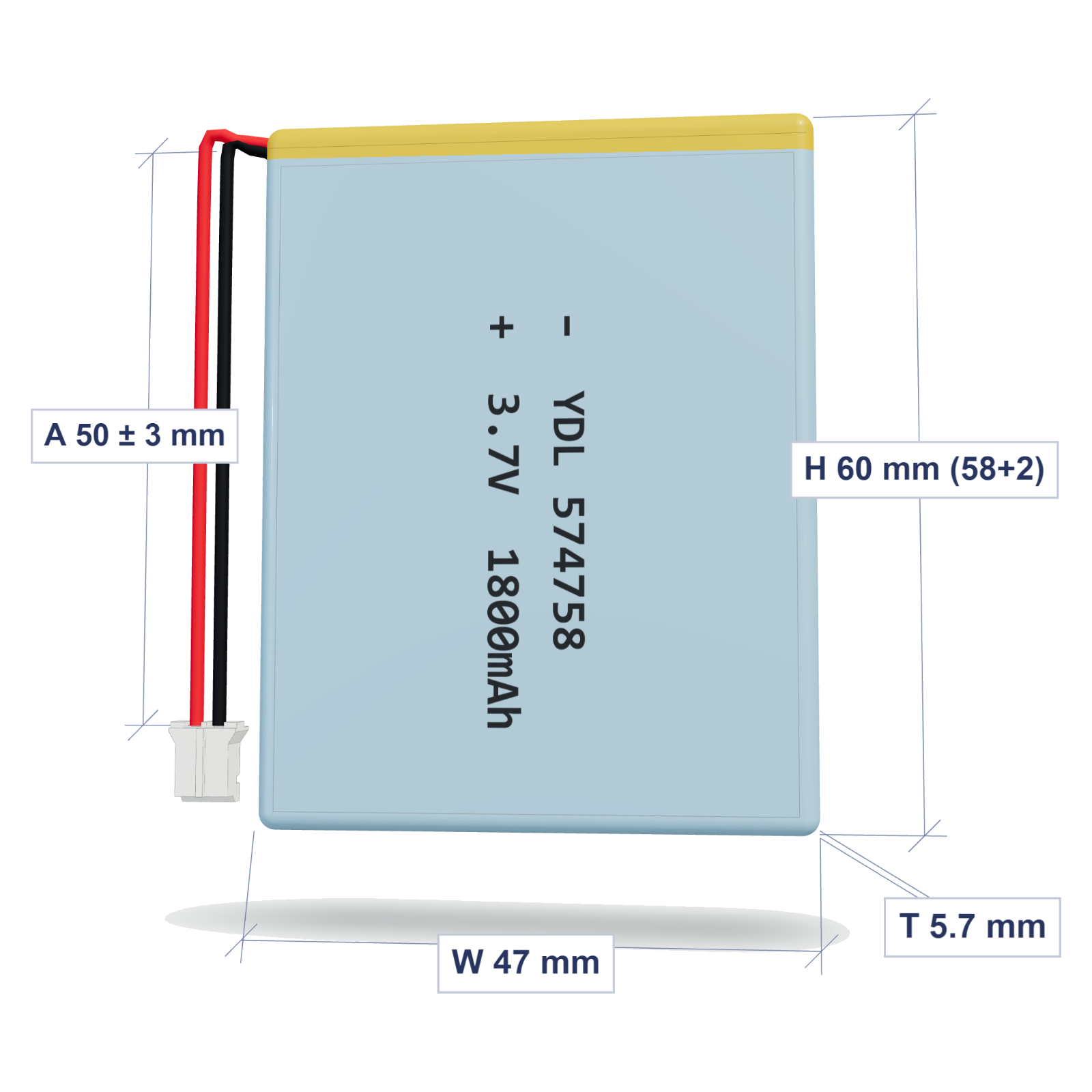 YDL 574758 1800mAh dimensions 5.7x47x60mm, 50mm 26AWG leads