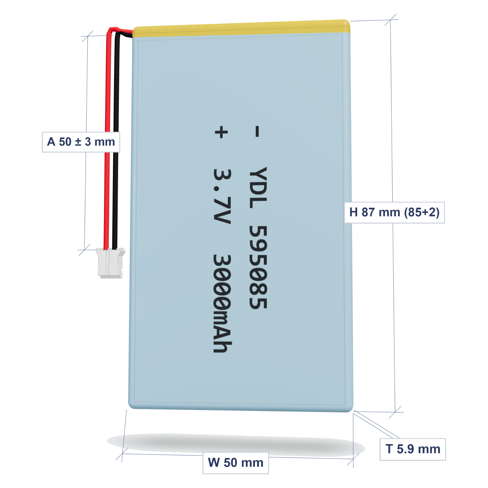 YDL 595085 3000mAh dimensions 5.9x50x87mm, 50mm 26AWG leads