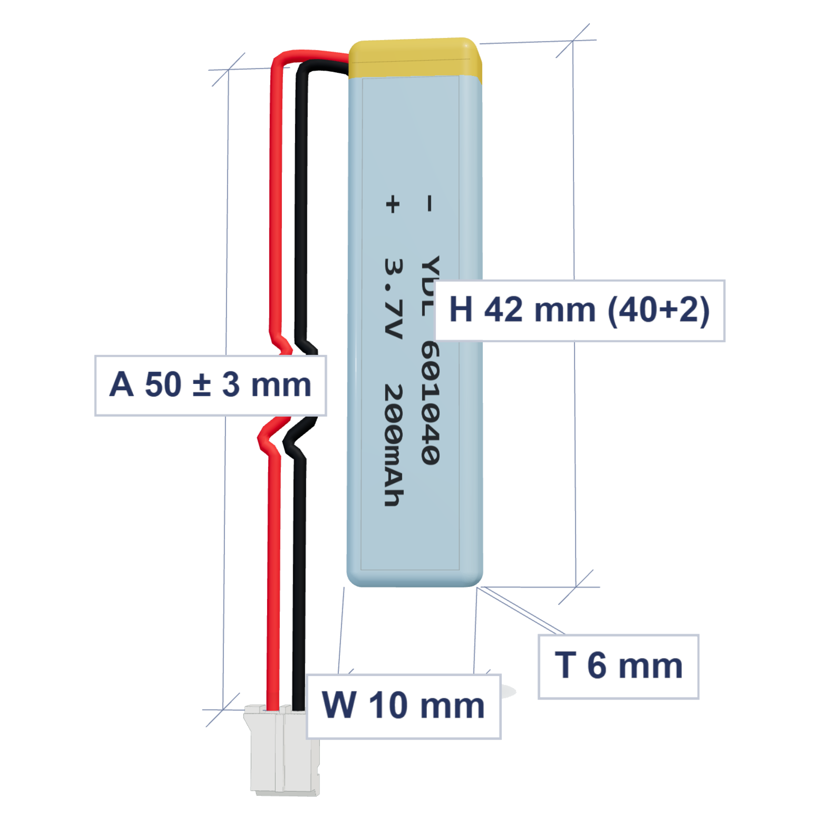 YDL 601040 200mAh 3.7V LiPo battery, 6x10x42mm, PH2.0 connector, 50mm 28AWG leads