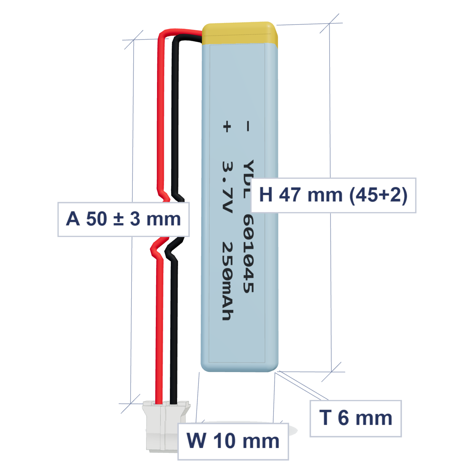 YDL 601045 250mAh 3.7V LiPo battery, 6x10x47mm, PH2.0 connector, 50mm 28AWG leads