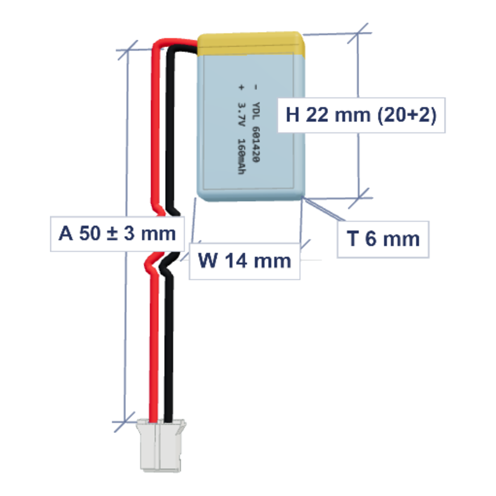 YDL 601420 160mAh 3.7V lithium polymer battery with PH2.0 connector and 50mm wire, dimensioned 3D view