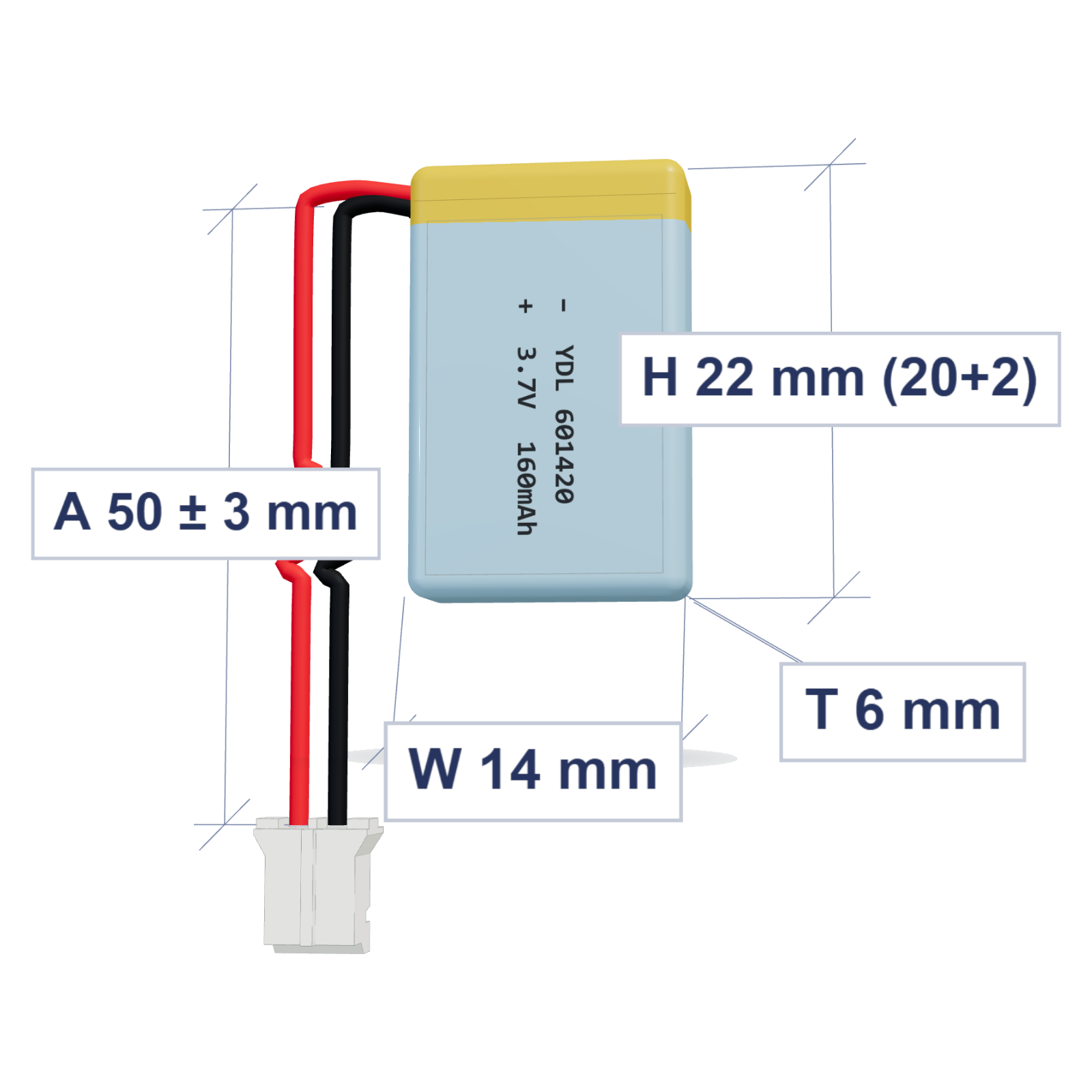 YDL 601420 160mAh 3.7V lithium polymer battery 6x14x22mm with PH2.0 connector and 50mm 28AWG wire, dimensioned 3D view