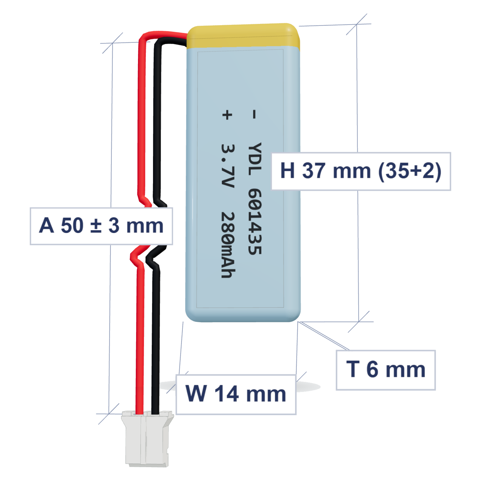 YDL 601435 280mAh 3.7V LiPo battery, 6x14x37mm, PH2.0 connector, 50mm 28AWG leads