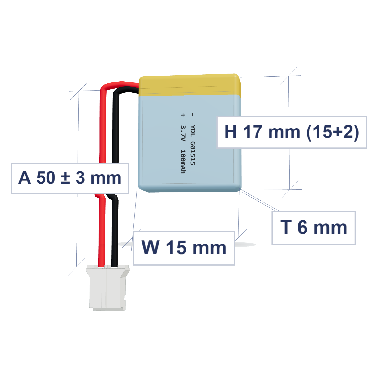 YDL 601515 100mAh 3.7V lithium polymer battery 6x15x17mm with PH2.0 connector and 50mm 28AWG wire, dimensioned 3D view