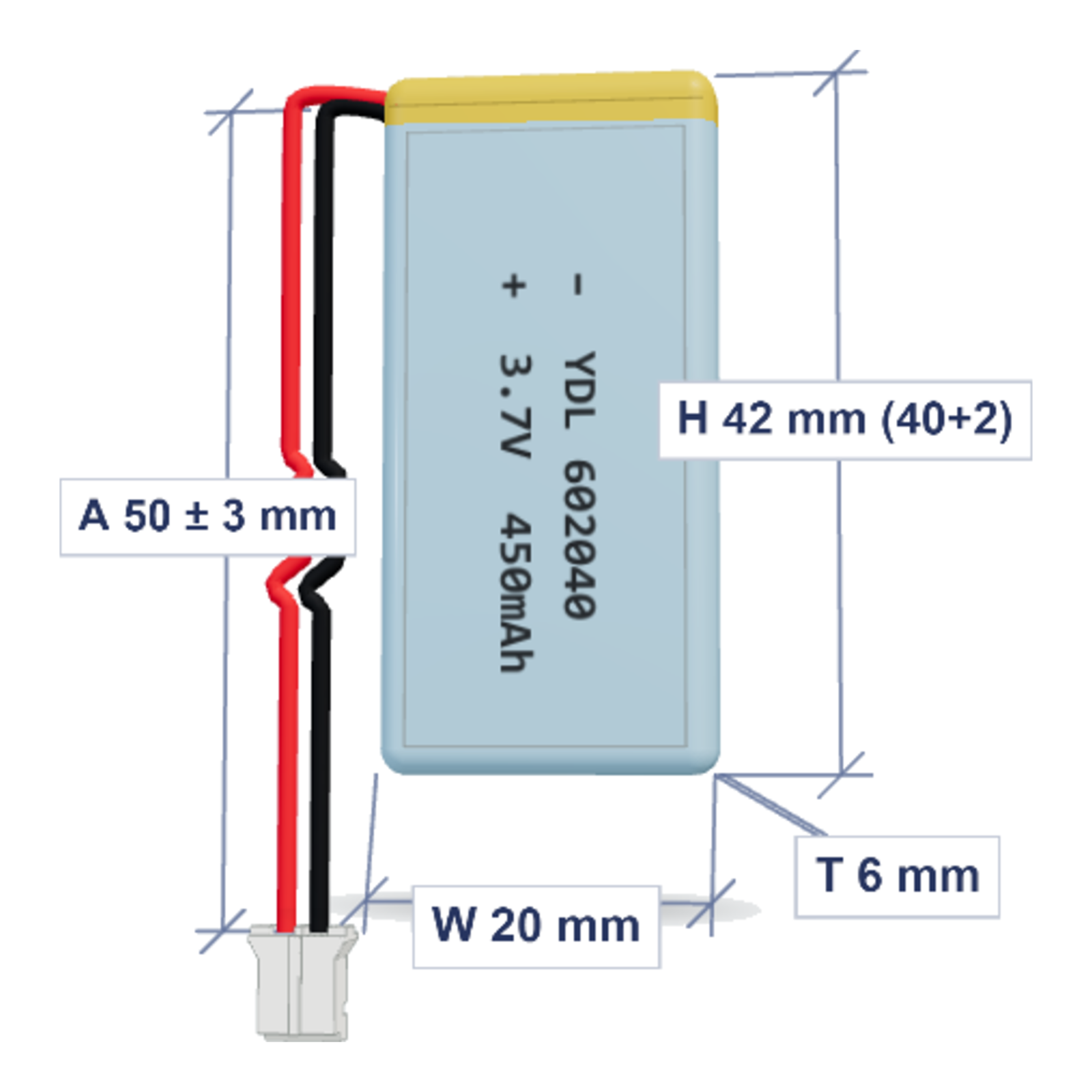 YDL 602040 450mAh 3.7V lithium polymer battery with PH2.0 connector and 50mm wire, dimensioned 3D view