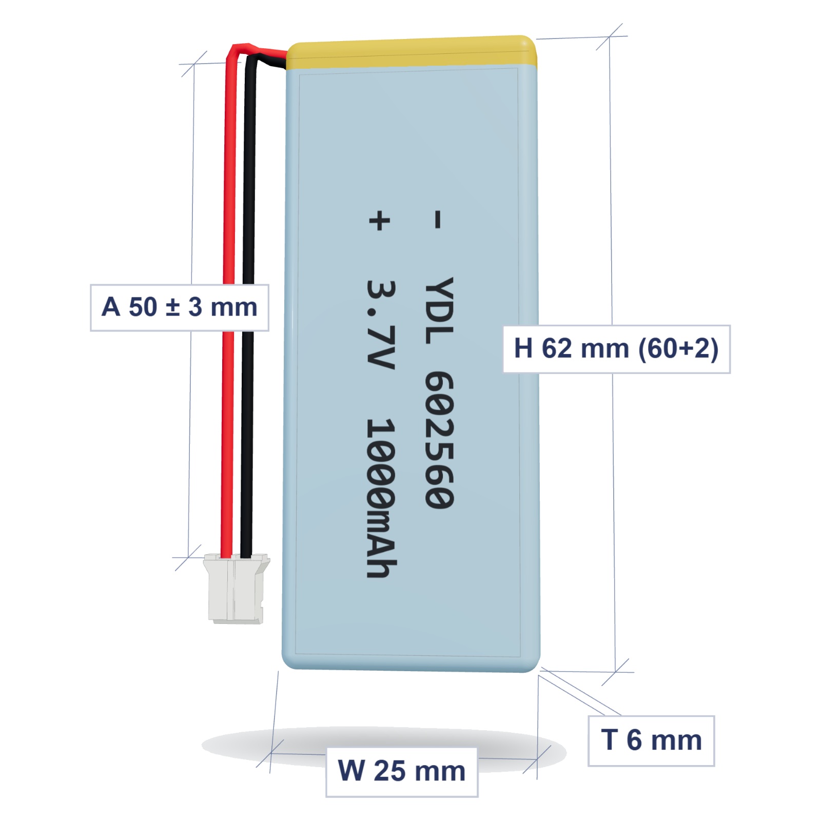 YDL 602560 1000mAh 3.7V lithium polymer battery 6x25x62mm with PH2.0 connector and 50mm 26AWG wire, dimensioned 3D view