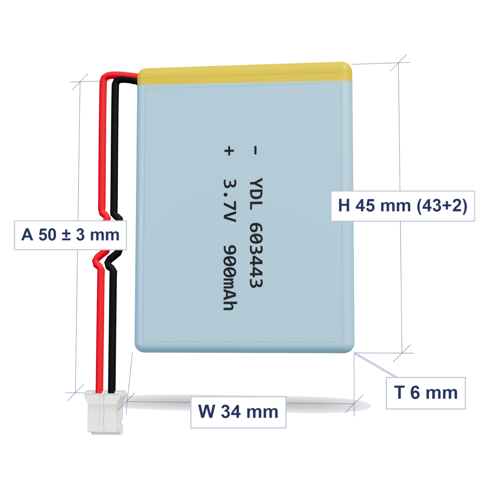YDL 603443 900mAh 3.7V LiPo battery, 6x34x45mm, PH2.0 connector, 50mm 26AWG leads