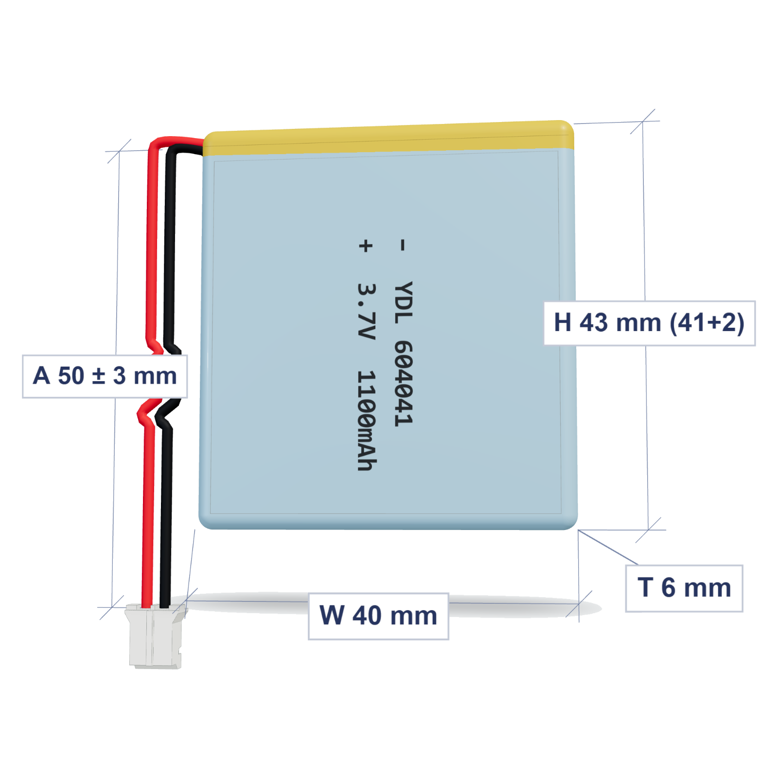 YDL 604041 1100mAh dimensions 6x40x43mm, 50mm 26AWG leads