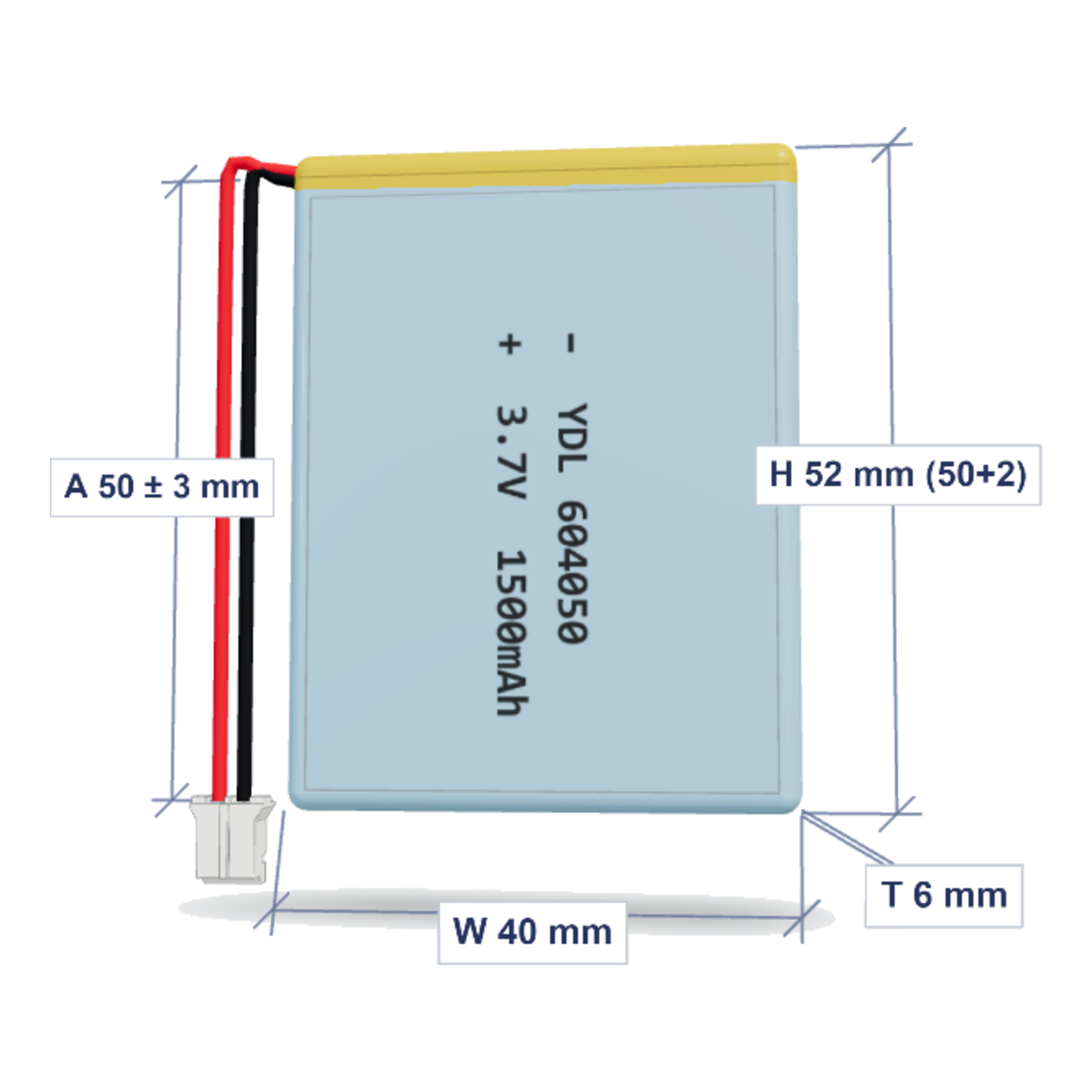 YDL 604050 1500mAh 3.7V lithium polymer battery with PH2.0 connector and 50mm wire, dimensioned 3D view