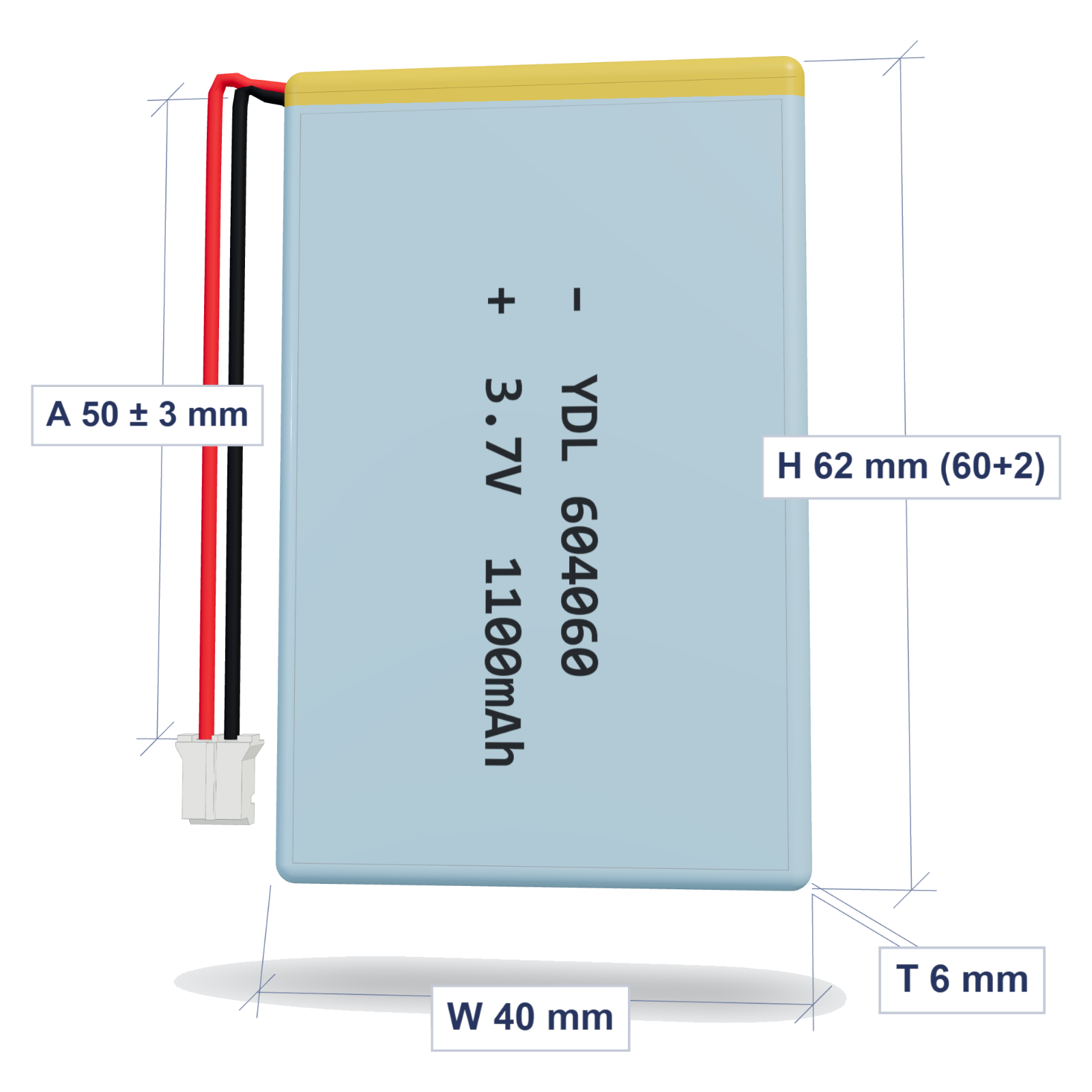 YDL 604060 1100mAh dimensions 6x40x62mm, 50mm 26AWG leads