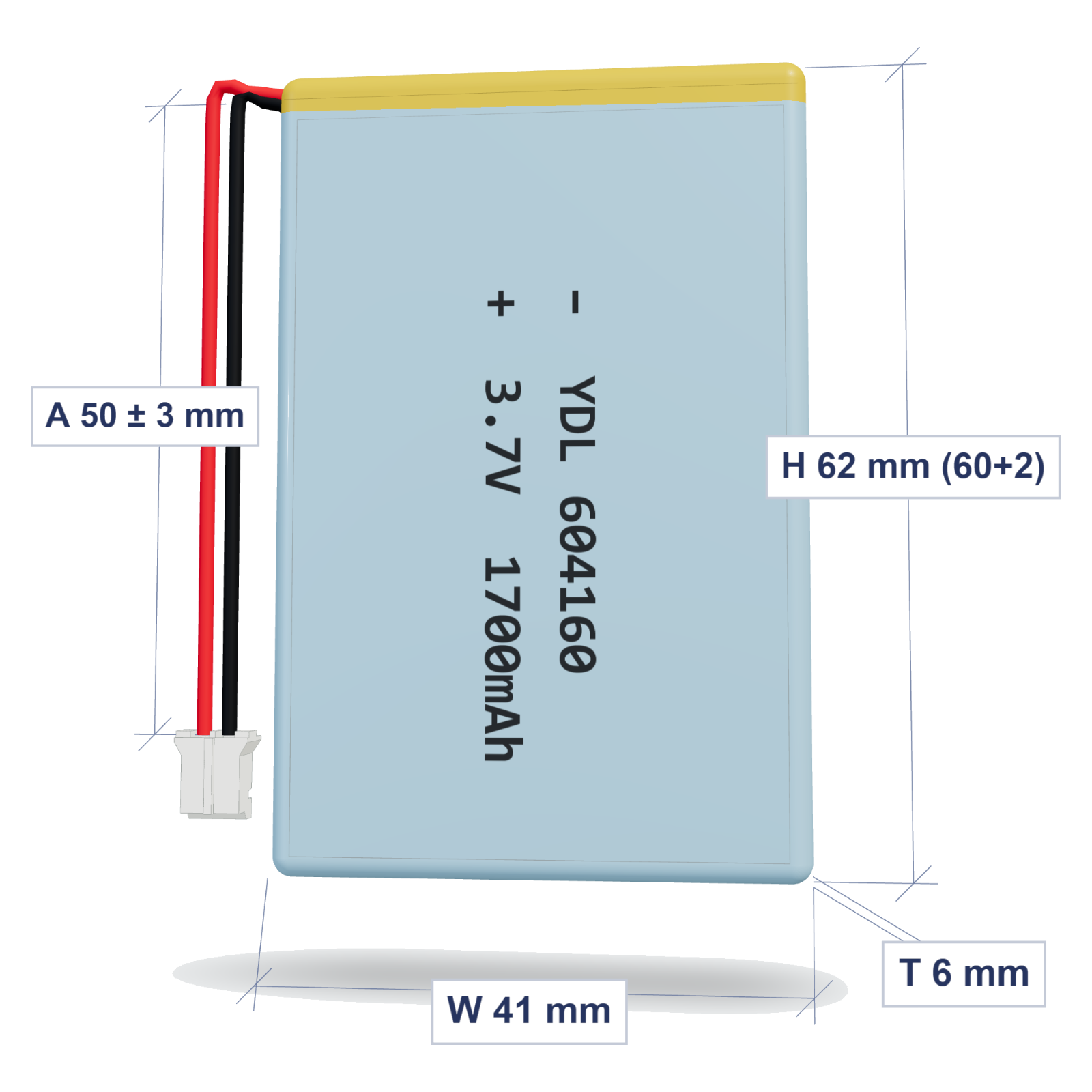 YDL 604160 1700mAh dimensions 6x41x62mm, 50mm 26AWG leads