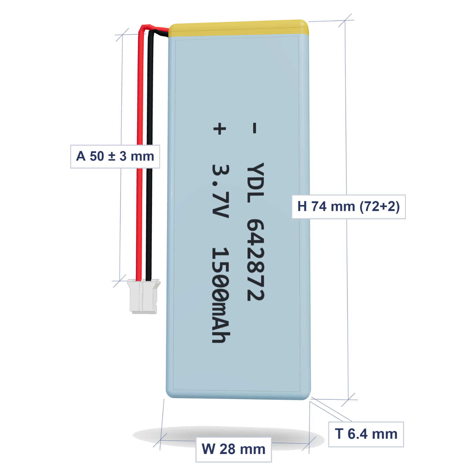 YDL 642872 1500mAh dimensions 6.4x28x74mm, 50mm 26AWG leads