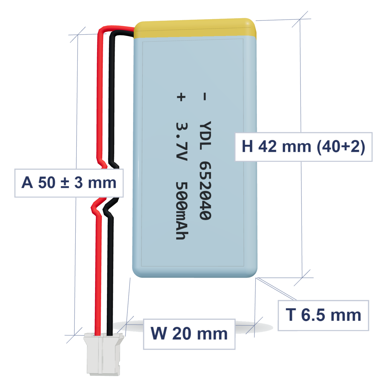 YDL 652040 500mAh 3.7V LiPo battery, 6.5x20x42mm, PH2.0 connector, 50mm 28AWG leads