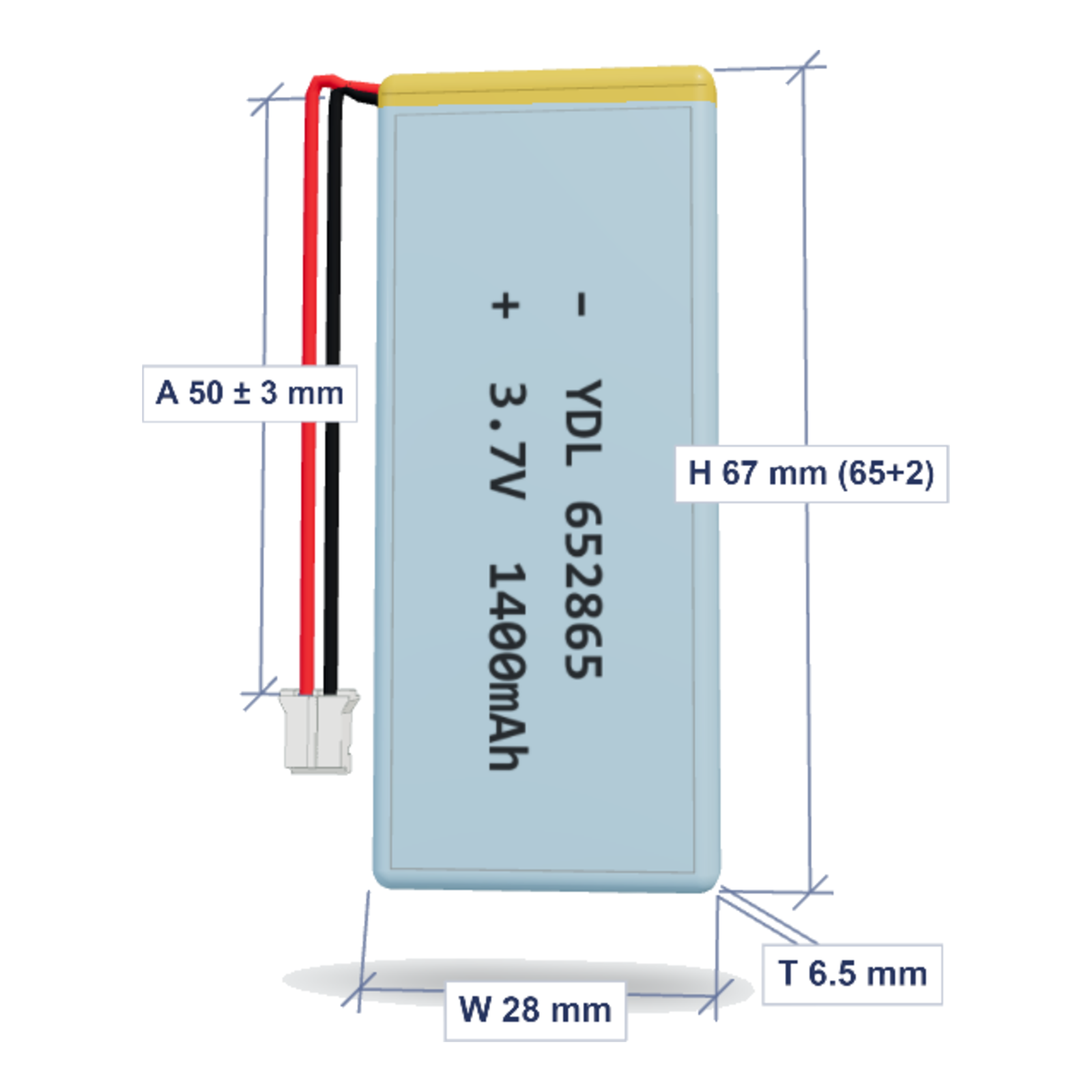 YDL 652865 1400mAh 3.7V lithium polymer battery with PH2.0 connector and 50mm wire, dimensioned 3D view