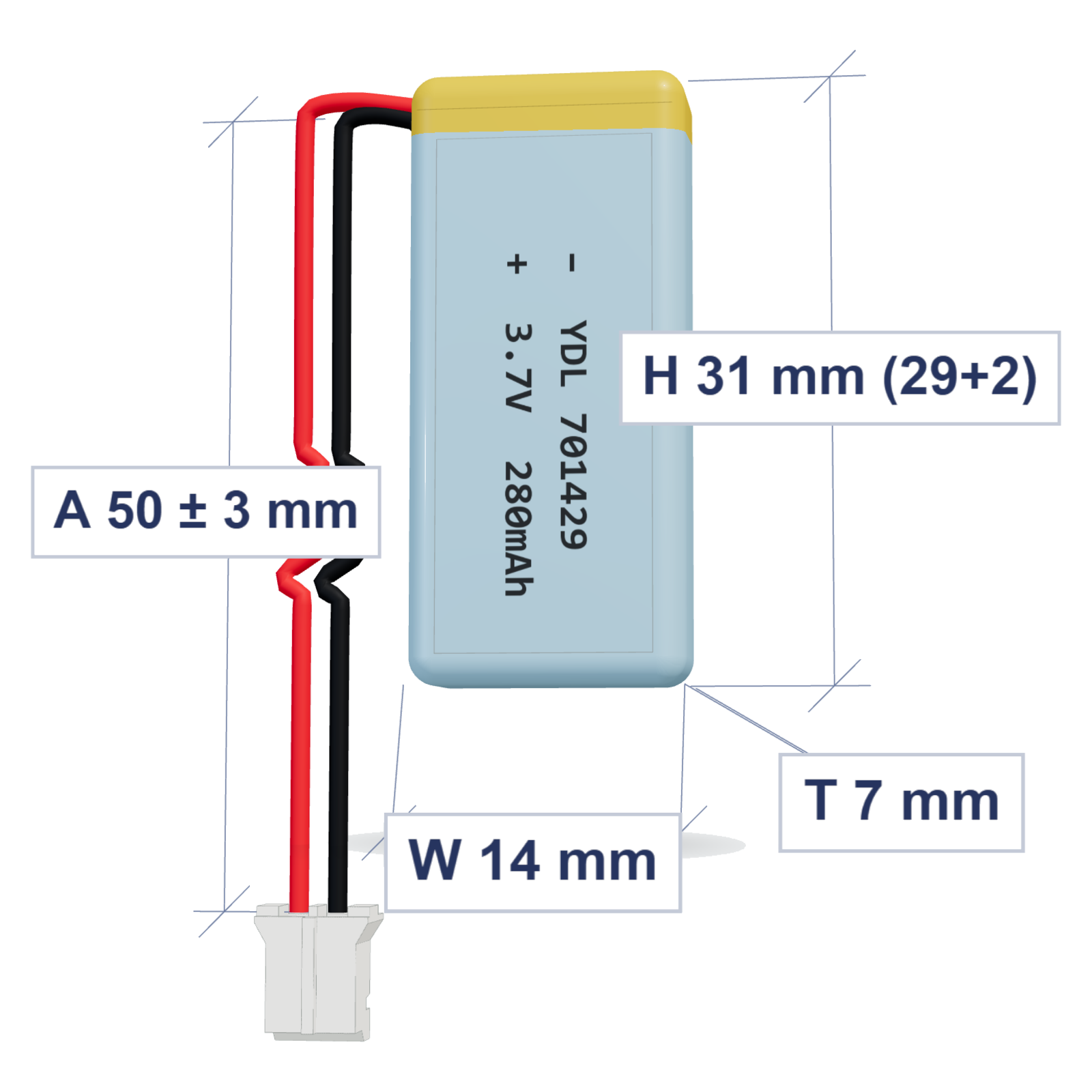 YDL 701429 280mAh 3.7V LiPo battery, 7x14x31mm, PH2.0 connector, 50mm 28AWG leads