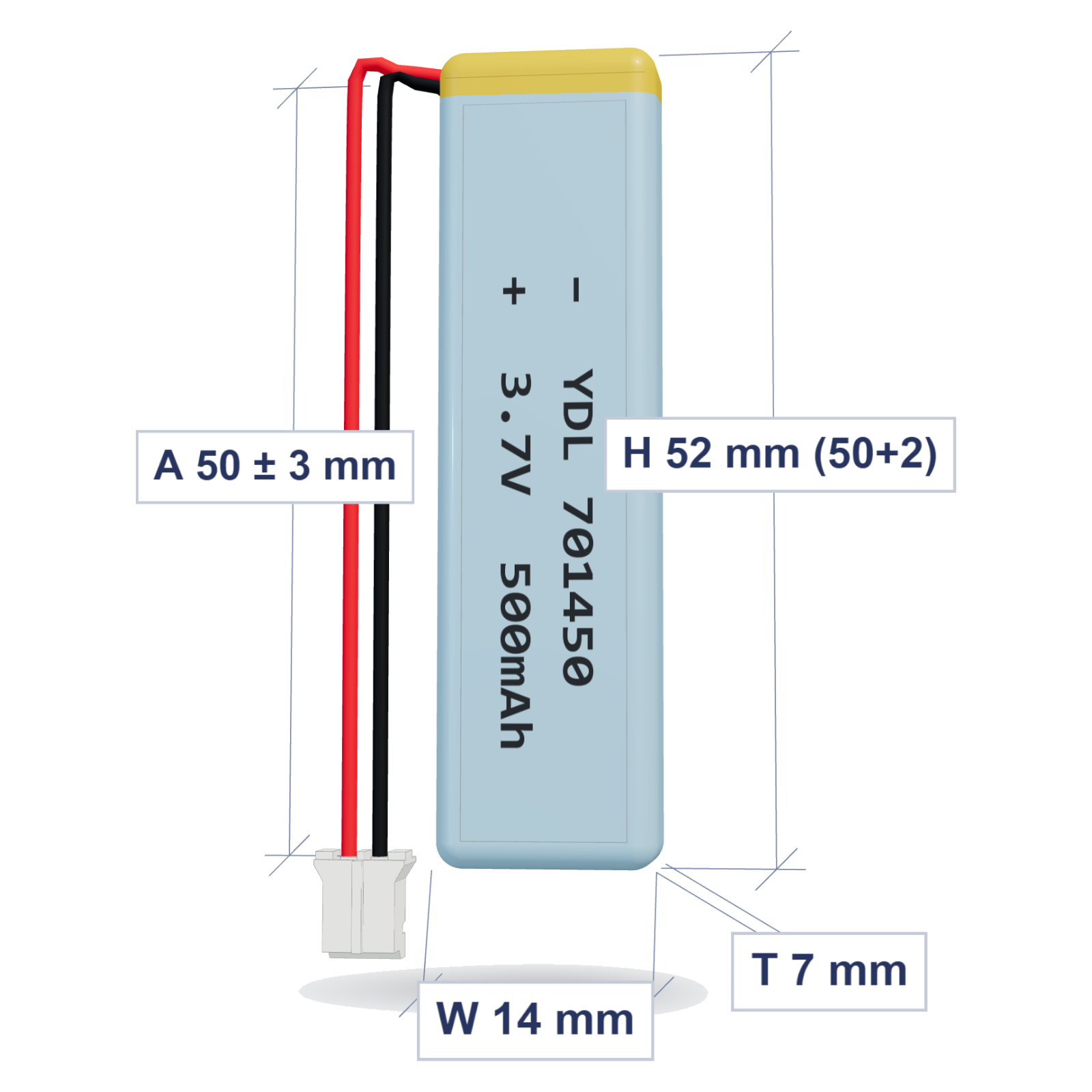YDL 701450 500mAh 3.7V LiPo battery, 7x14x52mm, PH2.0 connector, 50mm 28AWG leads