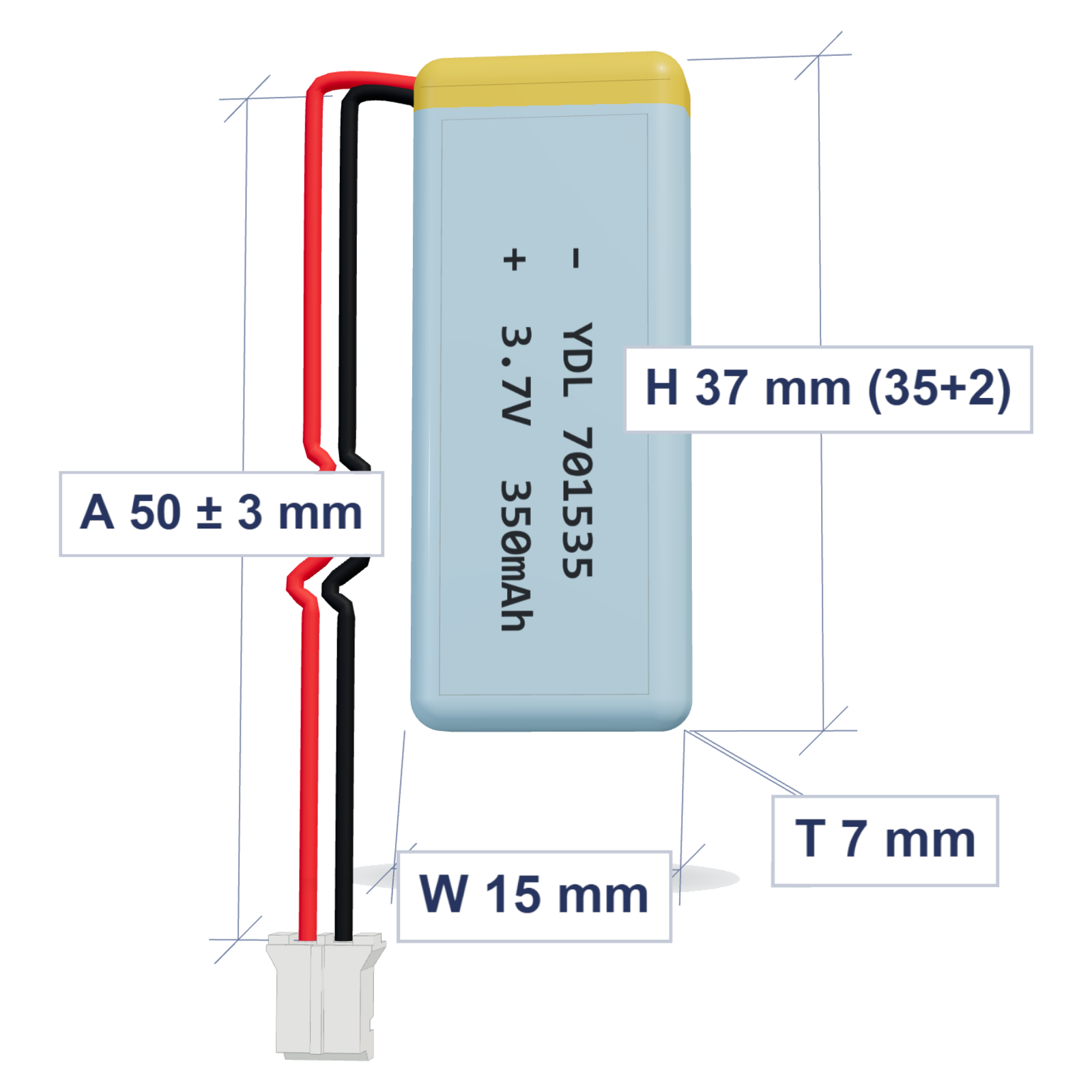 YDL 701535 350mAh 3.7V LiPo battery, 7x15x37mm, PH2.0 connector, 50mm 28AWG leads