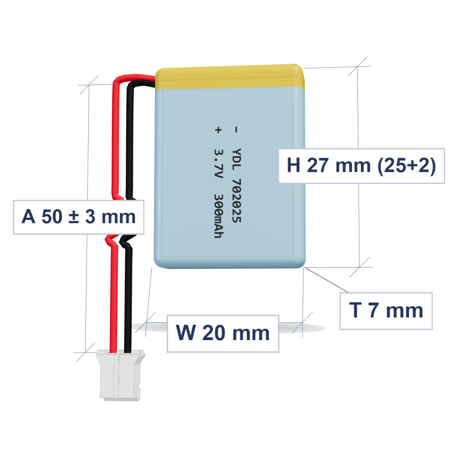 YDL 702025 300mAh 3.7V LiPo battery, 7x20x27mm, PH2.0 connector, 50mm 28AWG leads