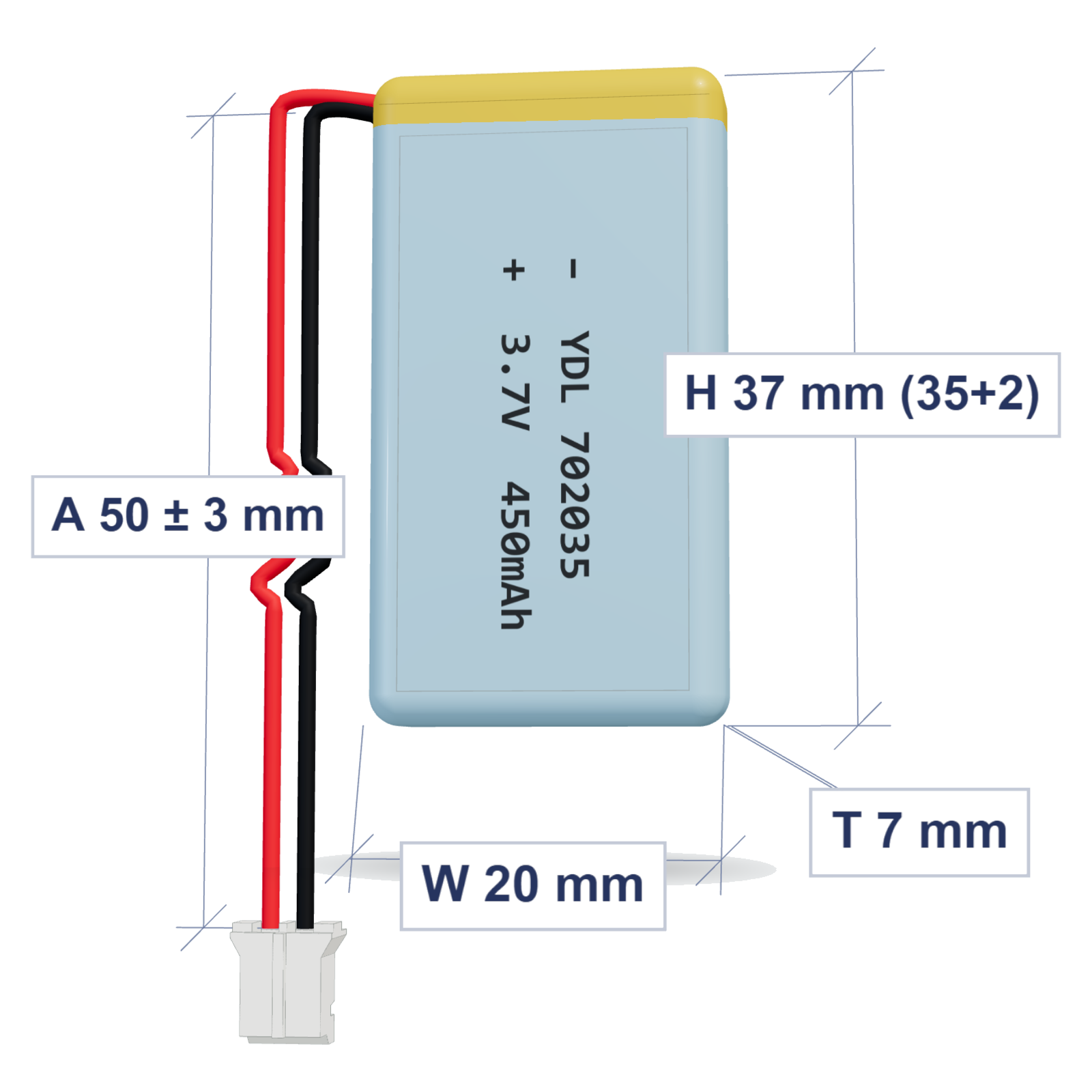 YDL 702035 450mAh 3.7V LiPo battery, 7x20x37mm, PH2.0 connector, 50mm 28AWG leads