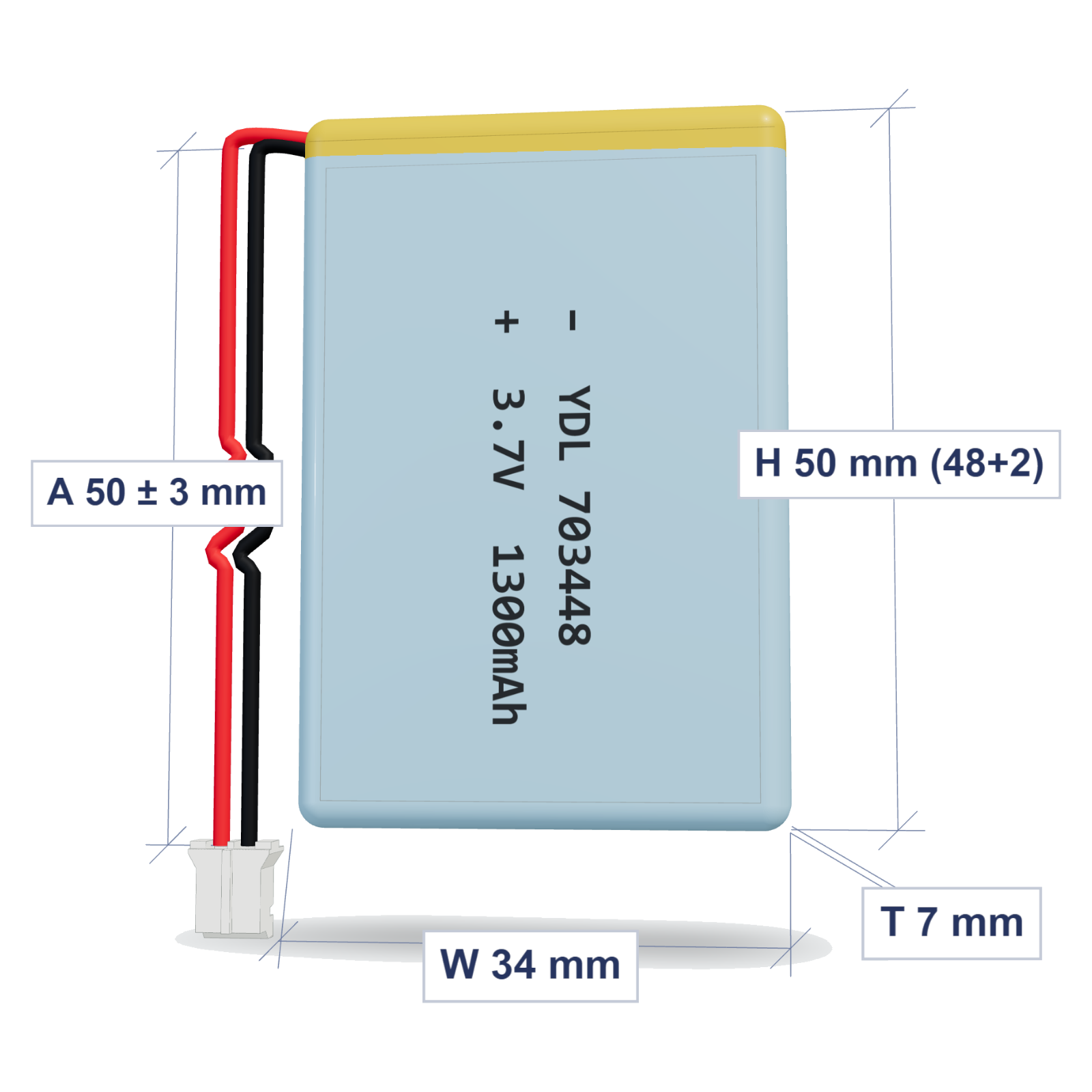 YDL 703448 1300mAh dimensions 7x34x50mm, 50mm 26AWG leads