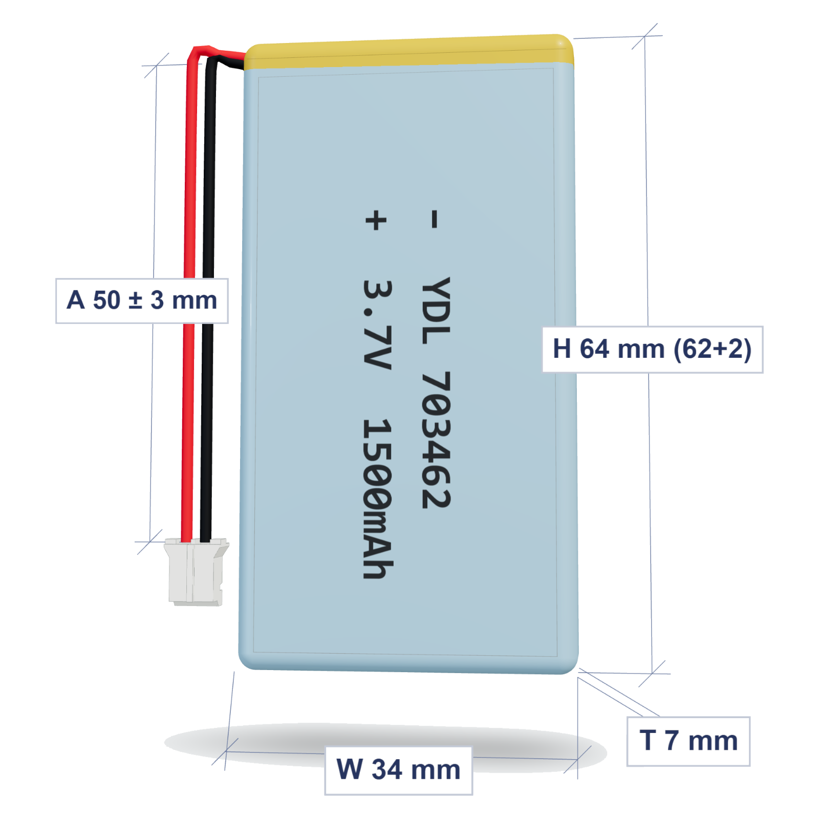 YDL 703462 1500mAh dimensions 7x34x64mm, 50mm 26AWG leads