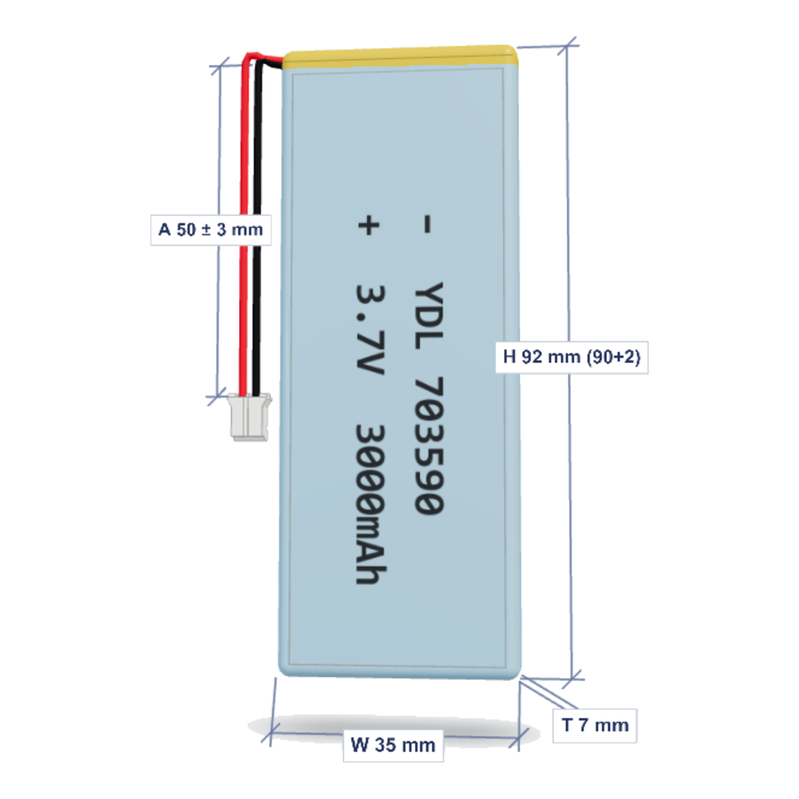 YDL 703590 3000mAh 3.7V lithium polymer battery with PH2.0 connector and 50mm wire, dimensioned 3D view