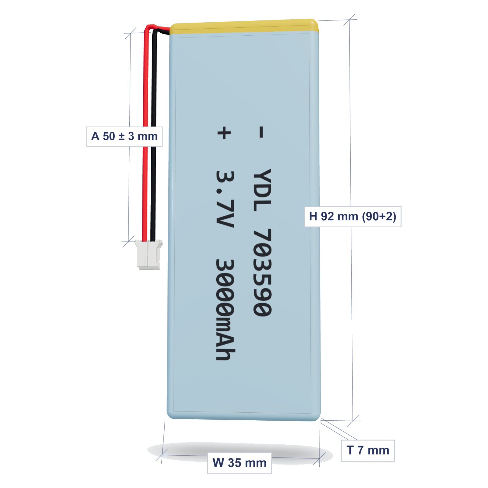 YDL 703590 3000mAh 3.7V lithium polymer battery 7x35x92mm with PH2.0 connector and 50mm 26AWG wire, dimensioned 3D view