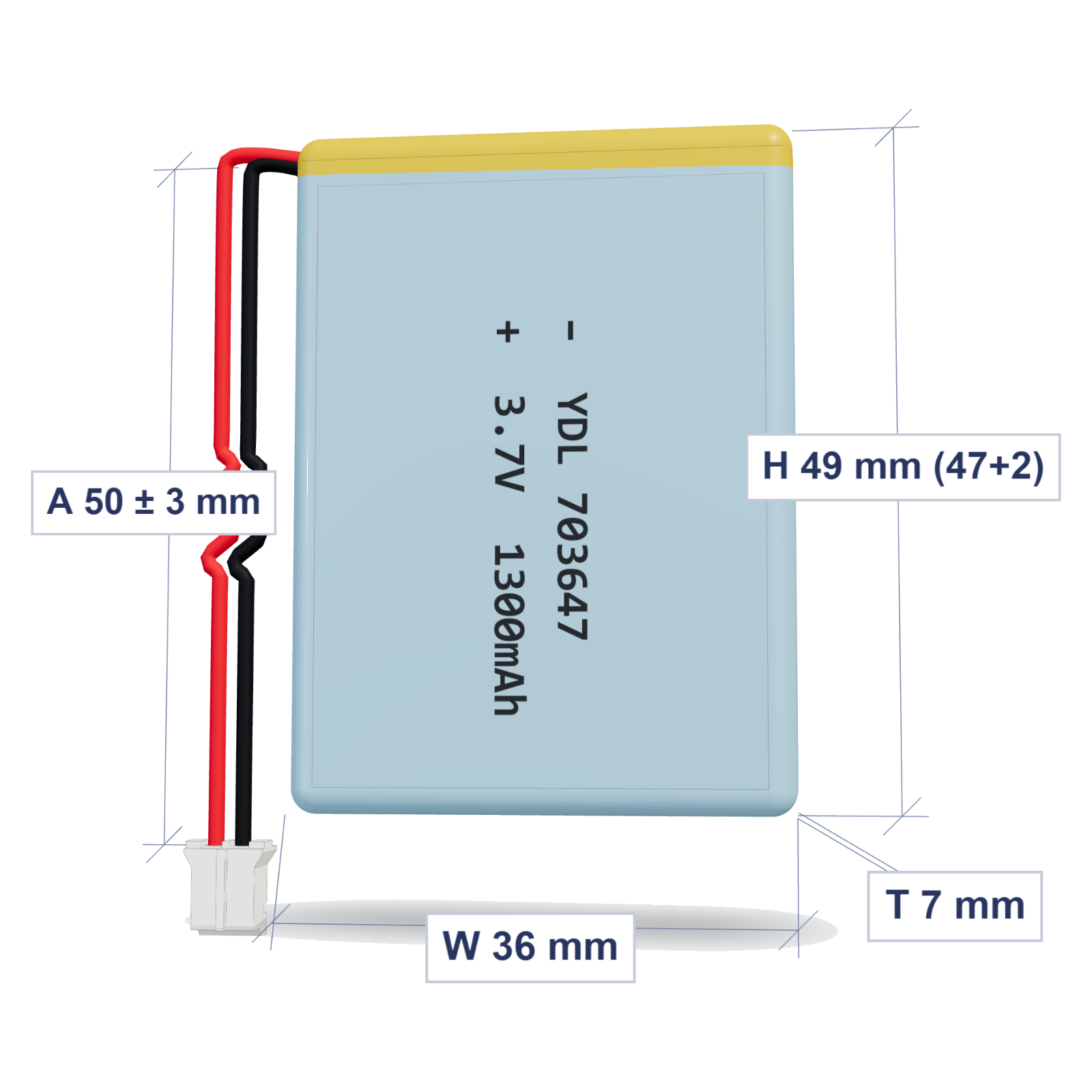 YDL 703647 1300mAh dimensions 7x36x49mm, 50mm 26AWG leads