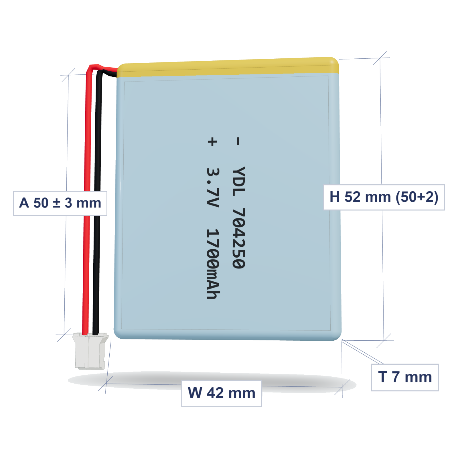 YDL 704250 1700mAh dimensions 7x42x52mm, 50mm 26AWG leads