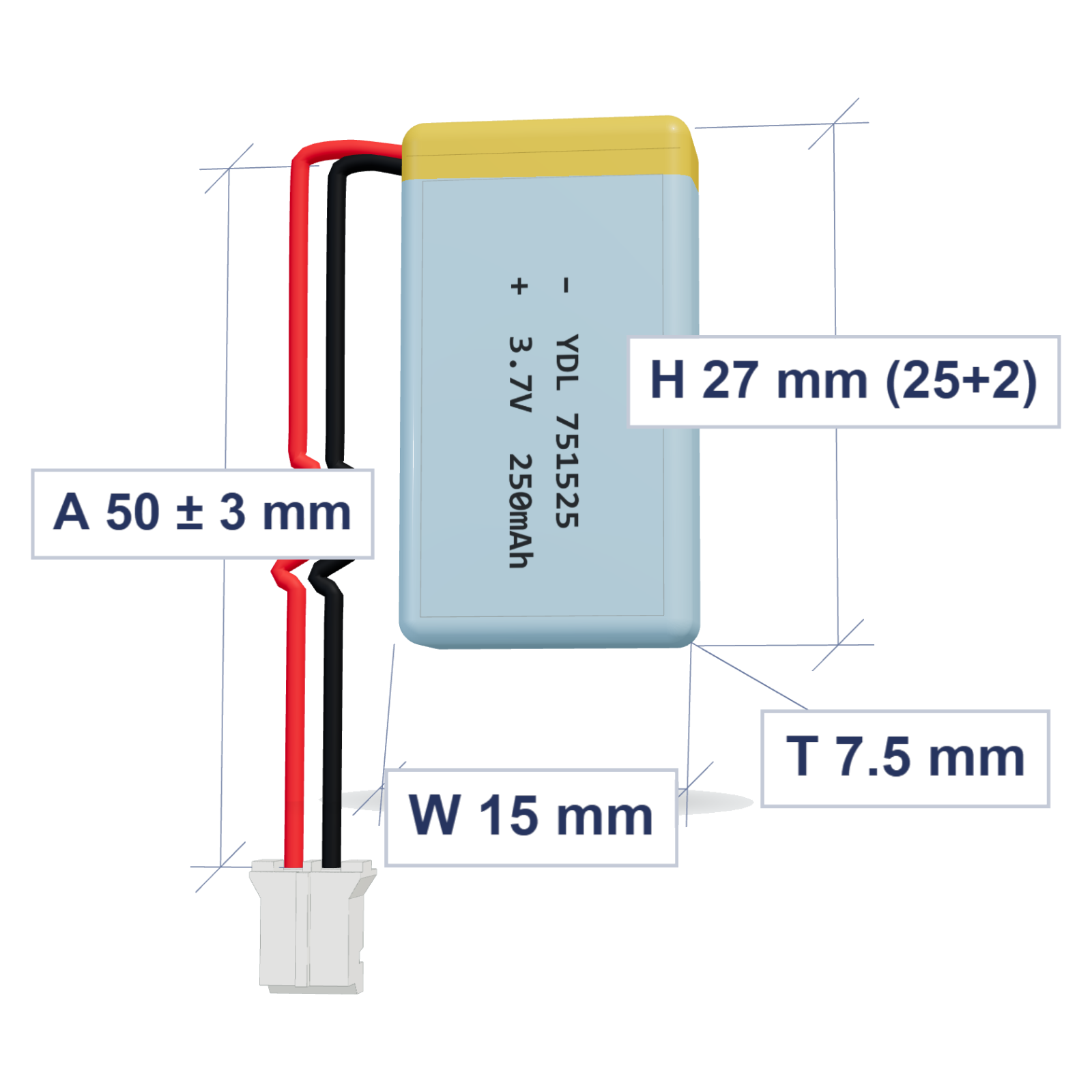 YDL 751525 250mAh 3.7V LiPo battery, 7.5x15x27mm, PH2.0 connector, 50mm 28AWG leads