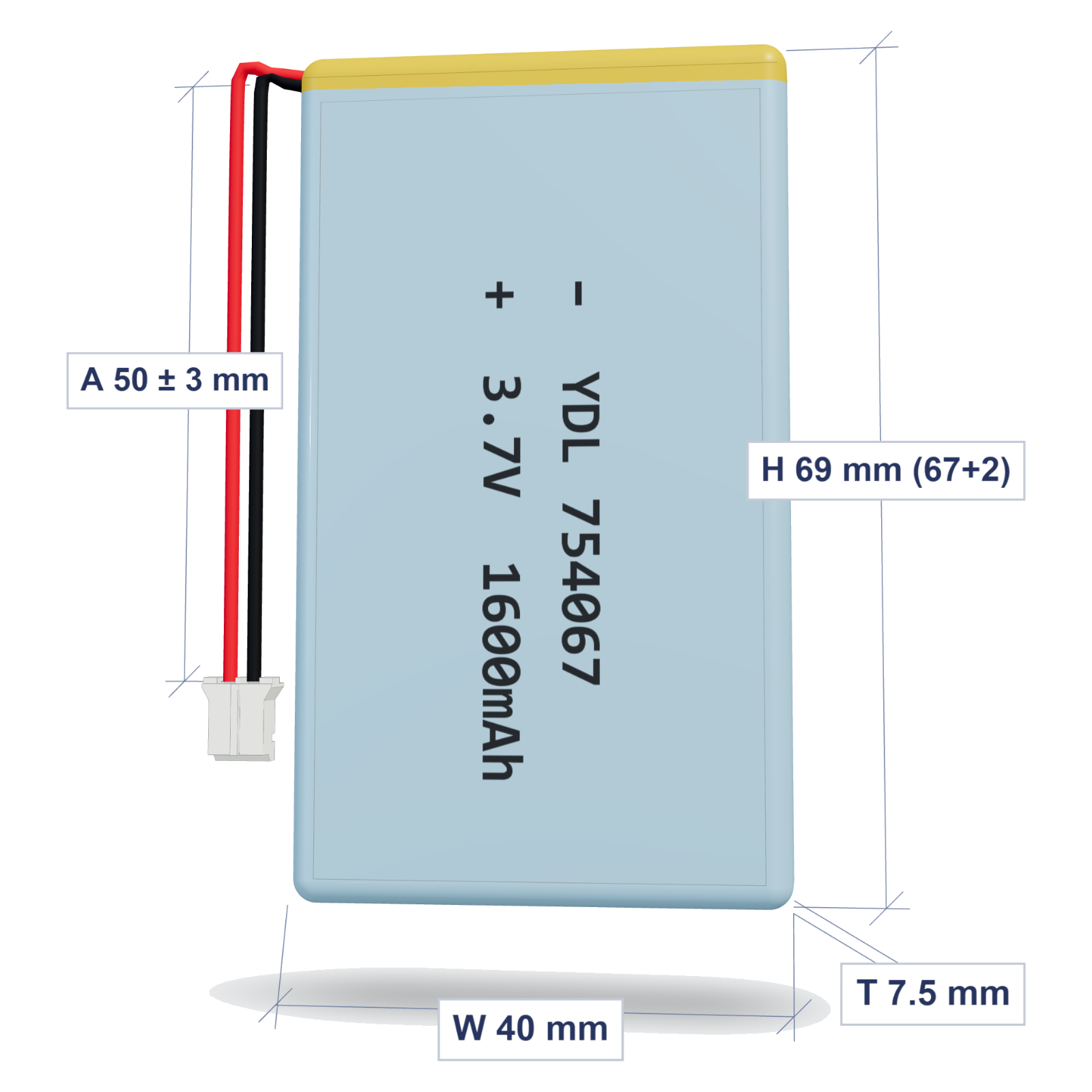 YDL 754067 1600mAh dimensions 7.5x40x69mm, 50mm 26AWG leads
