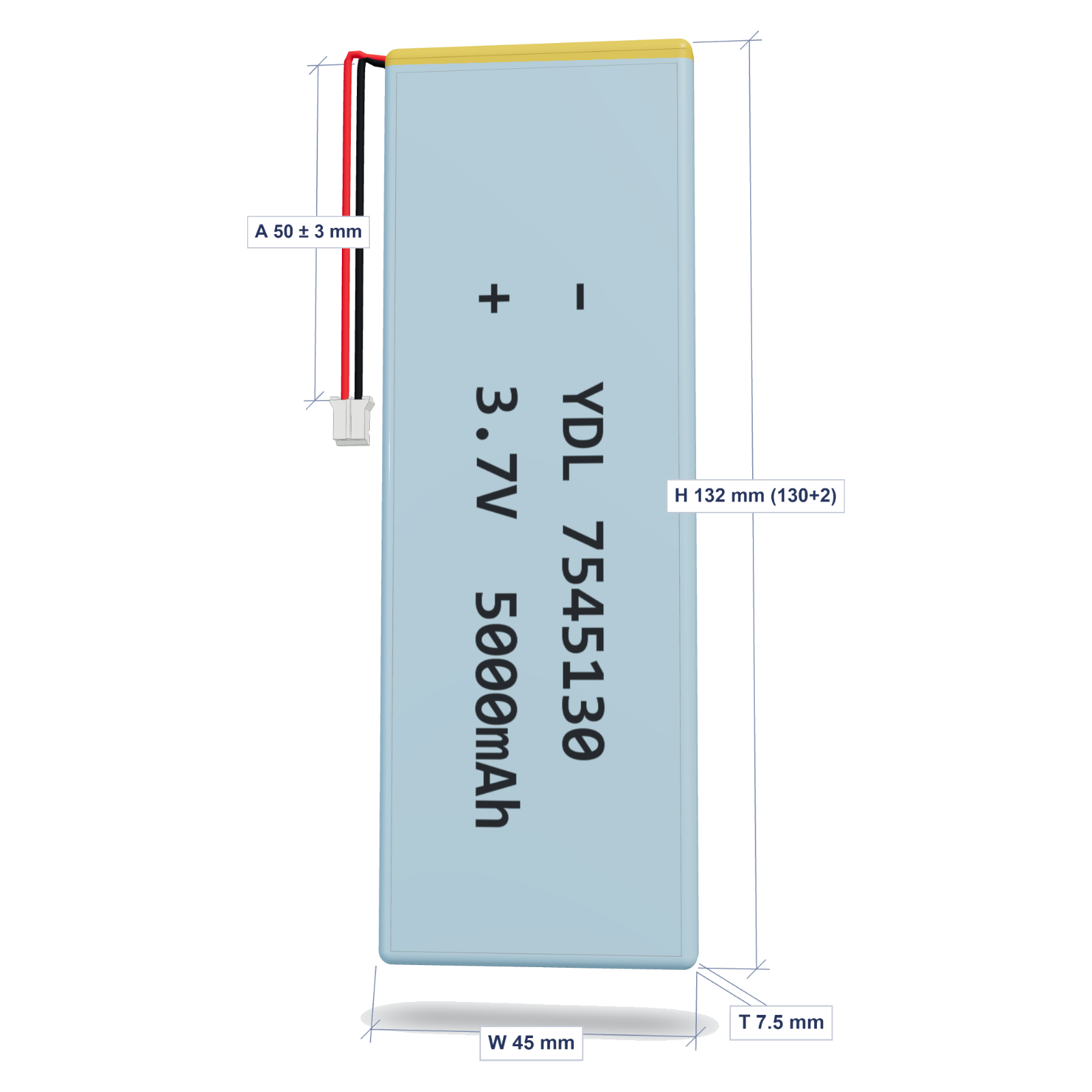 YDL 7545130 5000mAh dimensions 7.5x45x132mm, 50mm 26AWG leads