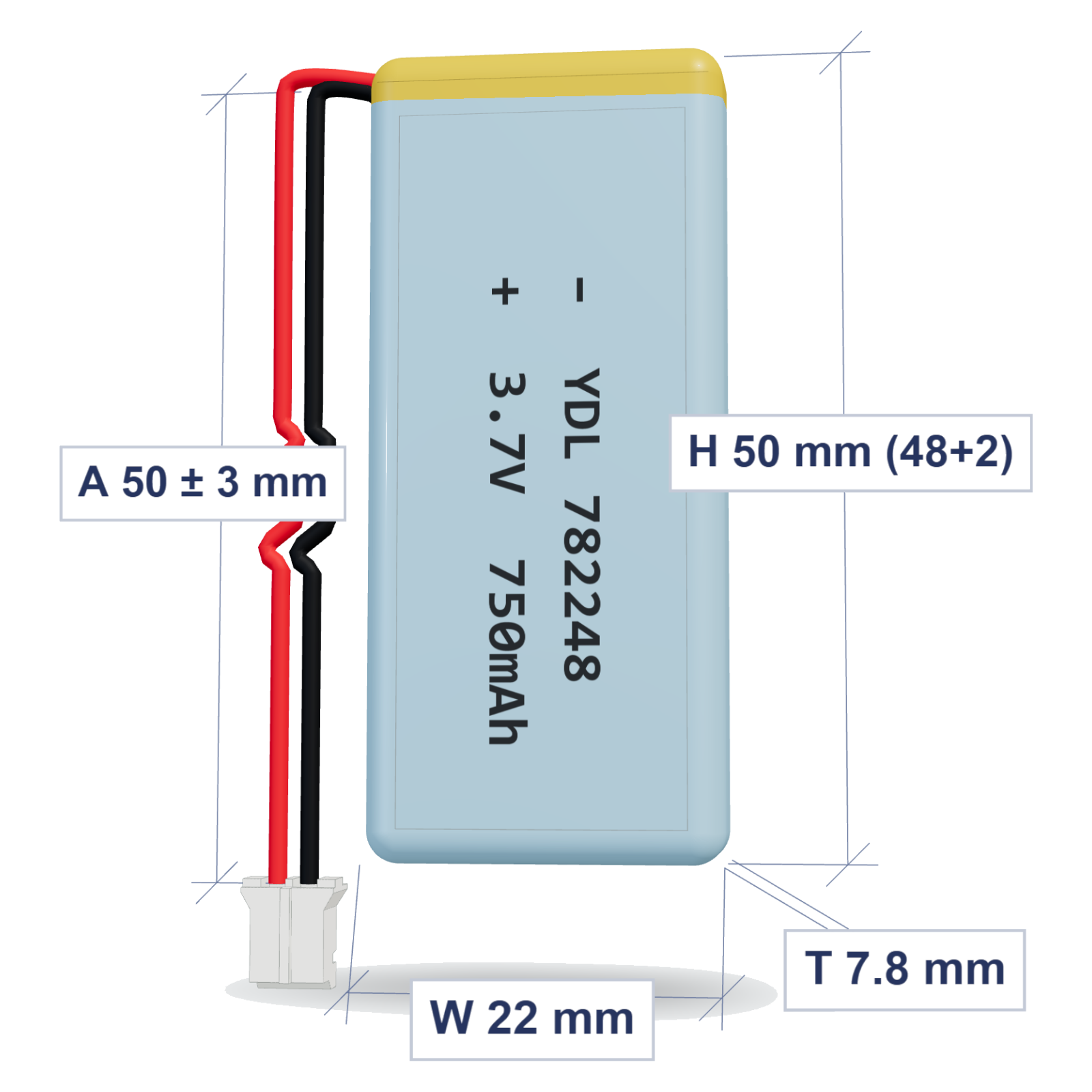 YDL 782248 750mAh dimensions 7.8x22x50mm, 50mm 26AWG leads